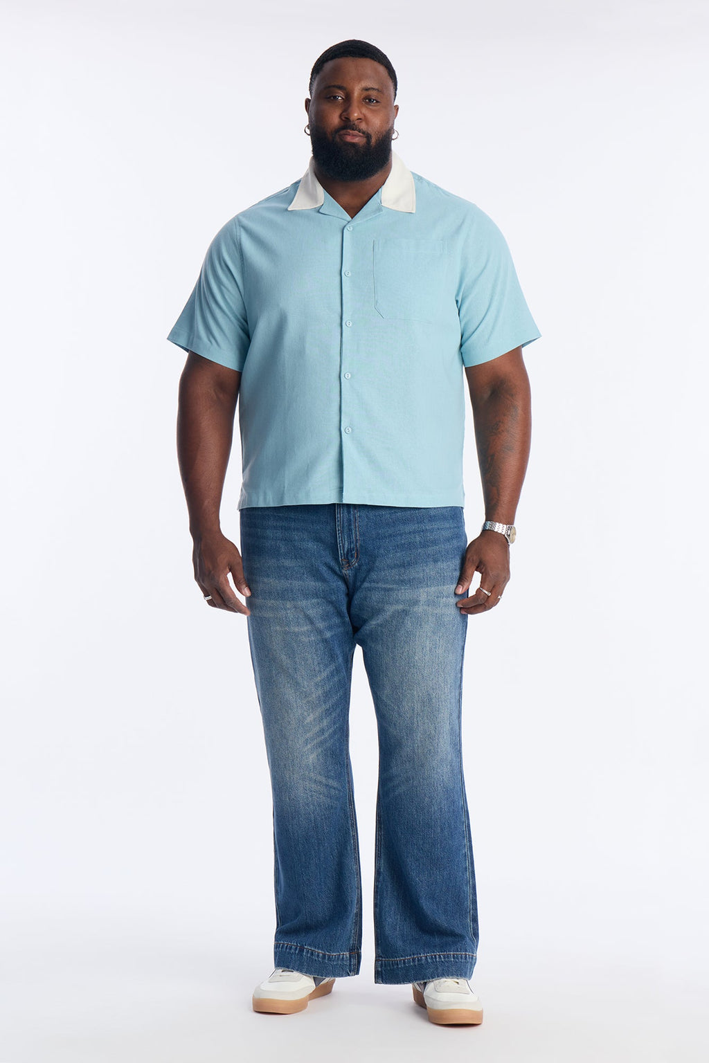 Panel Trim Button Up Shirt - Blue