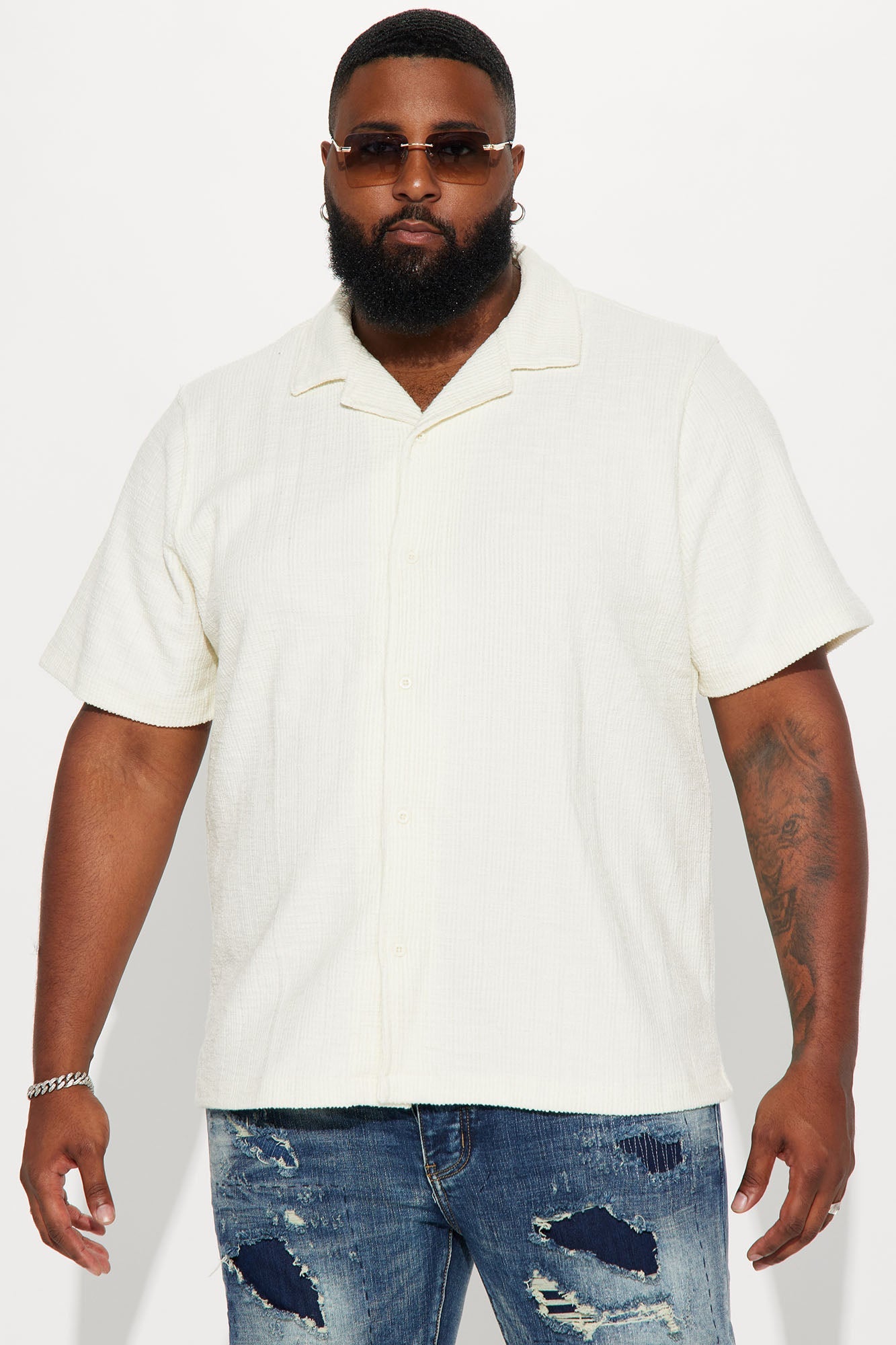 Dean Textured Short Sleeve Button Up Shirt - Cream