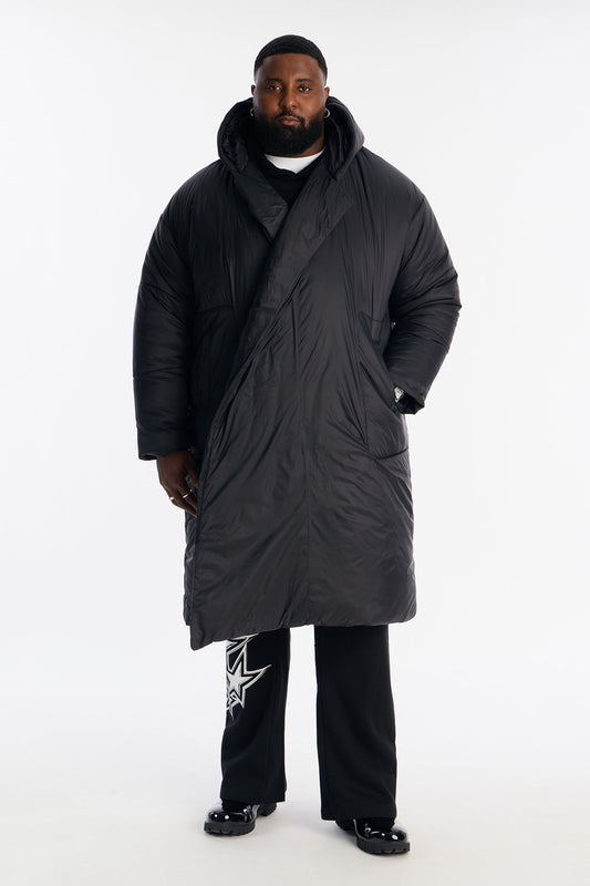 Hooded Oversized Exaggerated Wrap Long Puffer Jacket - Black