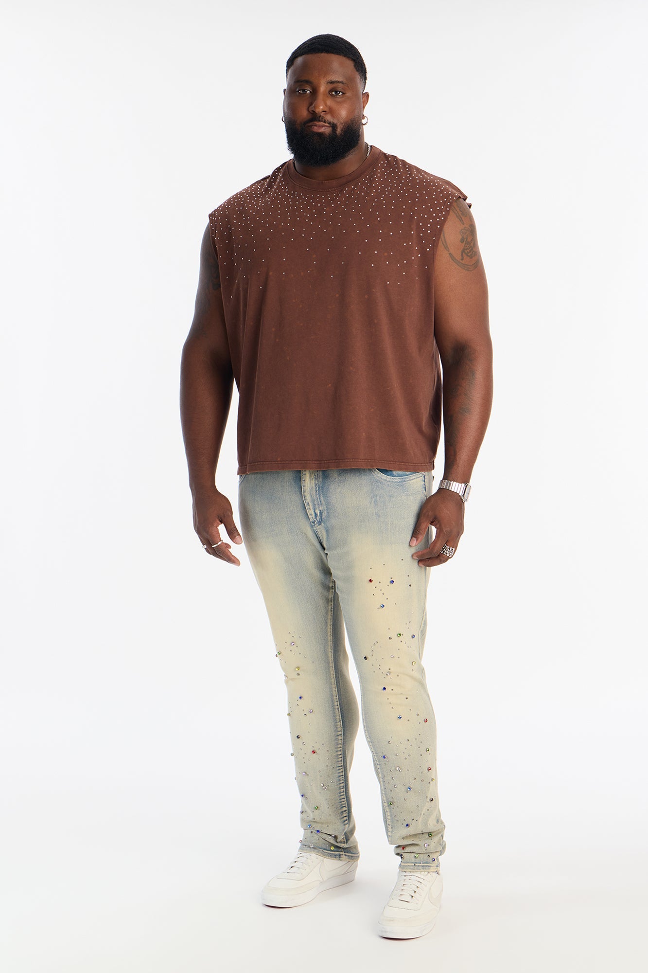 Embellished Stone Muscle Tee - Brown