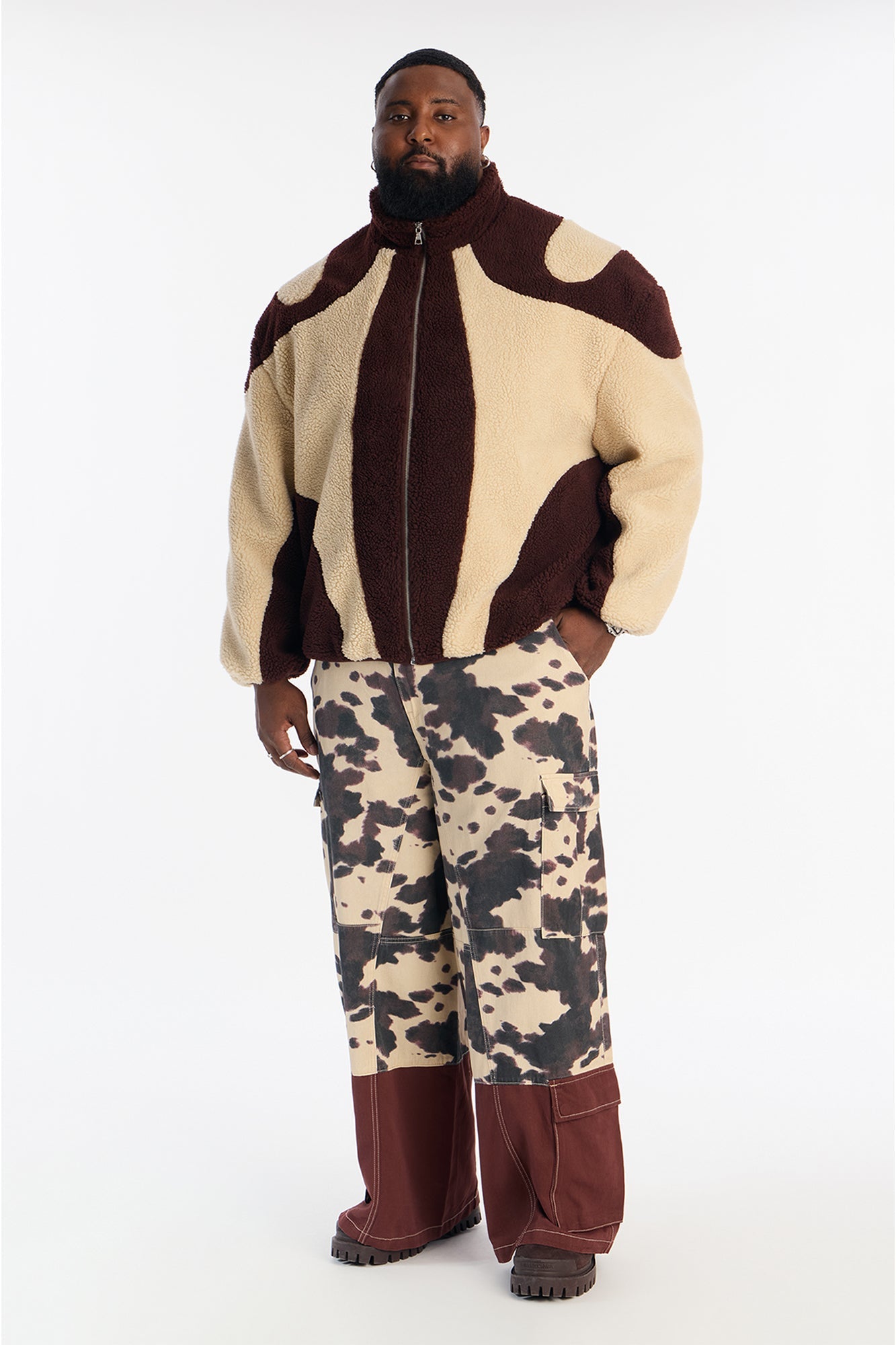 Oversized Sherpa Wave Paneled Zip Jacket - Brown