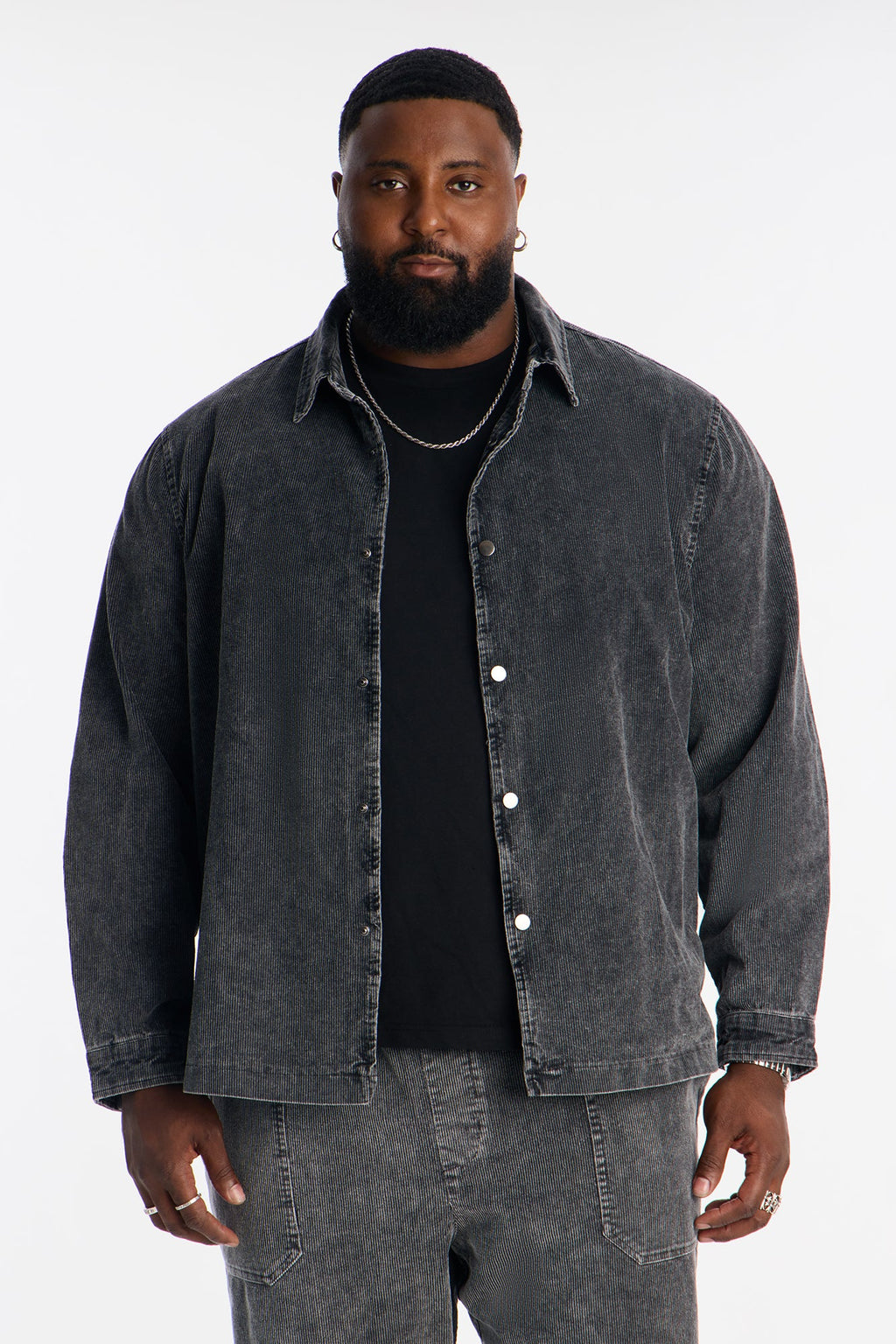 Chi Town Corduroy Button Up Shirt - Acid Wash Black