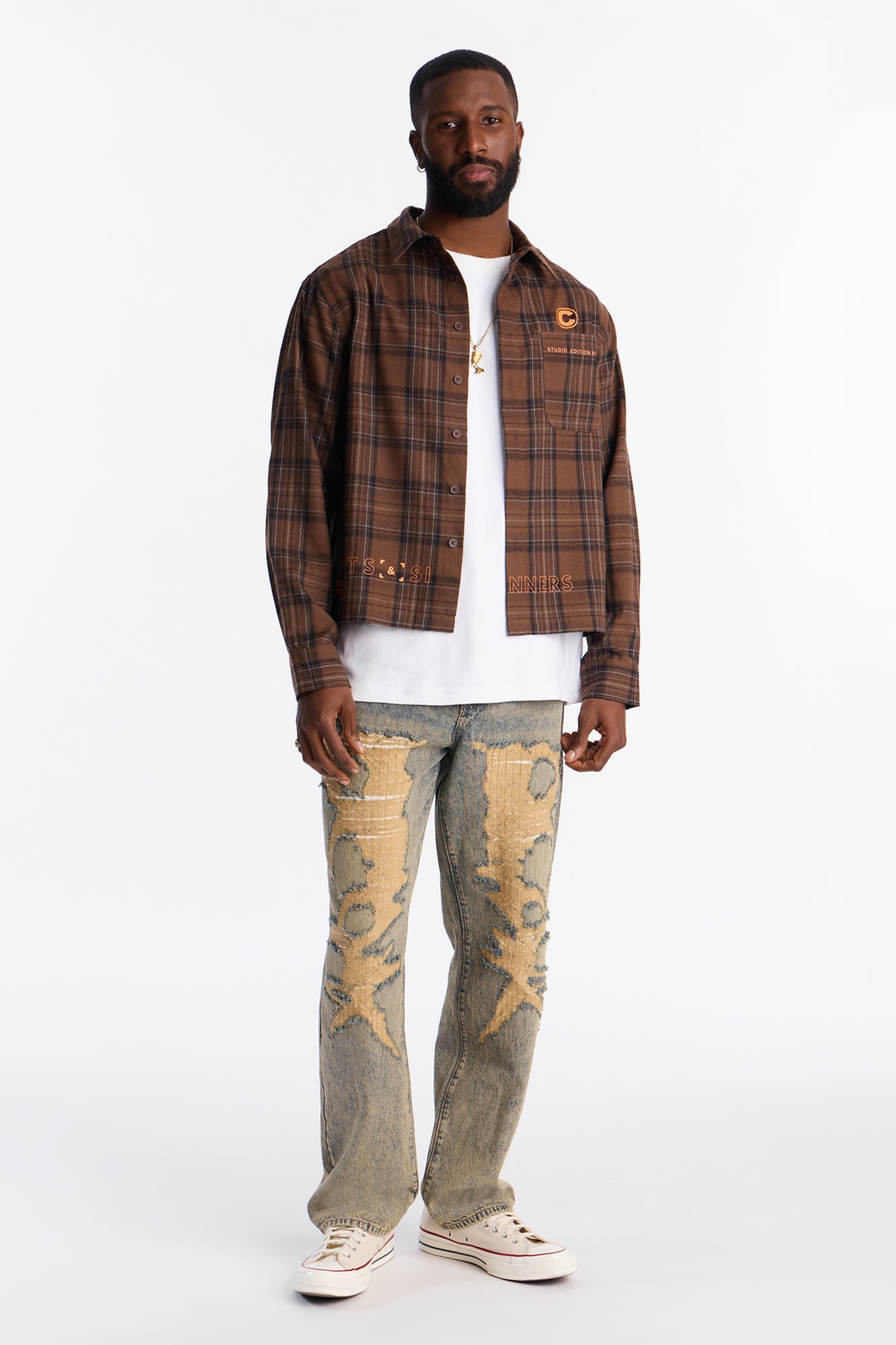 Cropped Culture Plaid Button Up Shirt - Brown