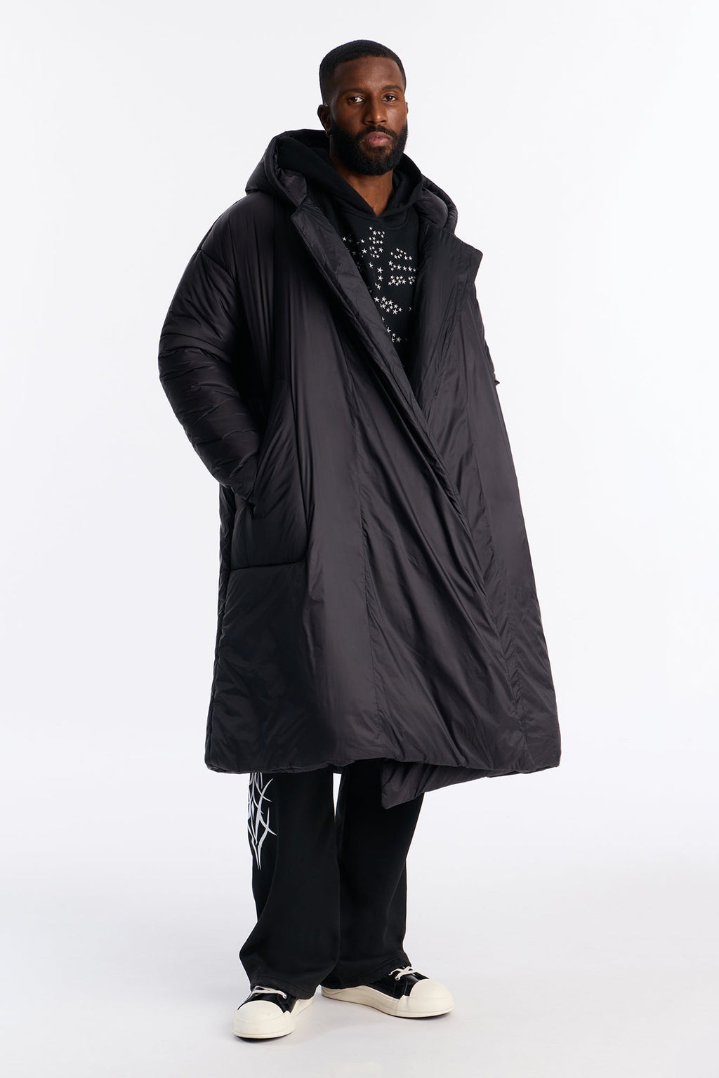 Hooded Oversized Exaggerated Wrap Long Puffer Jacket - Black