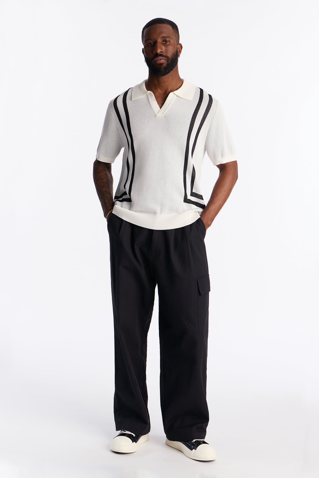 Seeing Lines Knit Johnny Collar Shirt - White