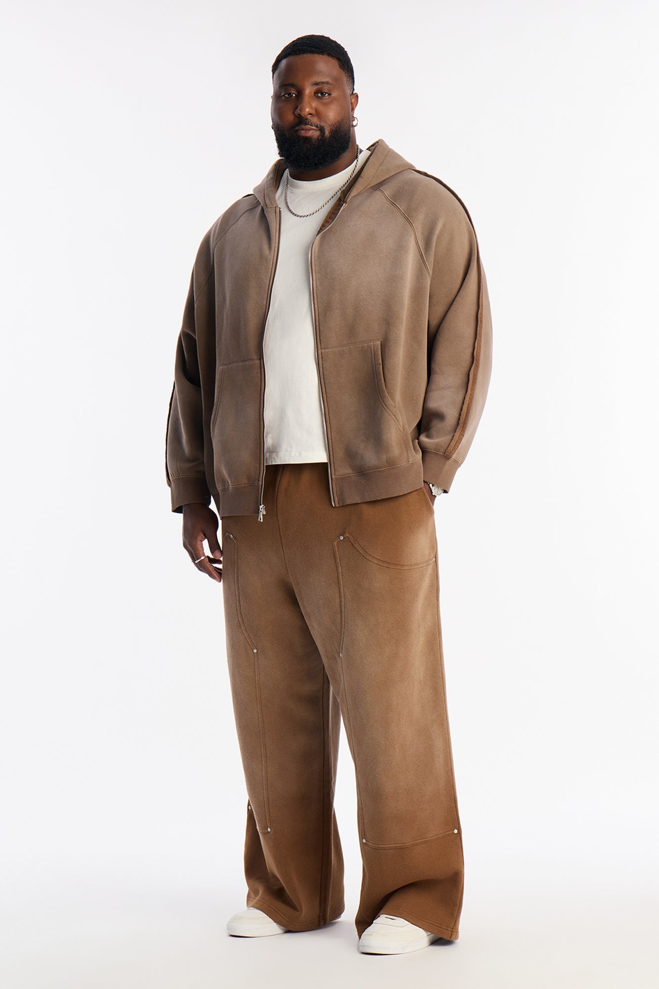 Extra Raw Faded Distressed Zip Up Hoodie - Brown