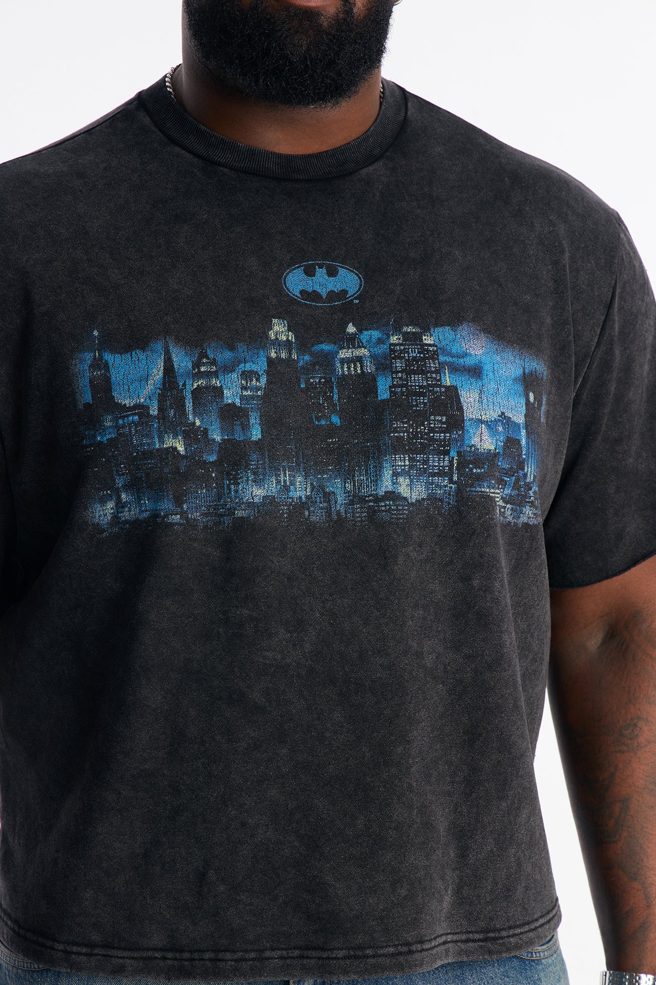Oversized Batman Over Gotham Short Sleeve Fleece Tee - Black Wash