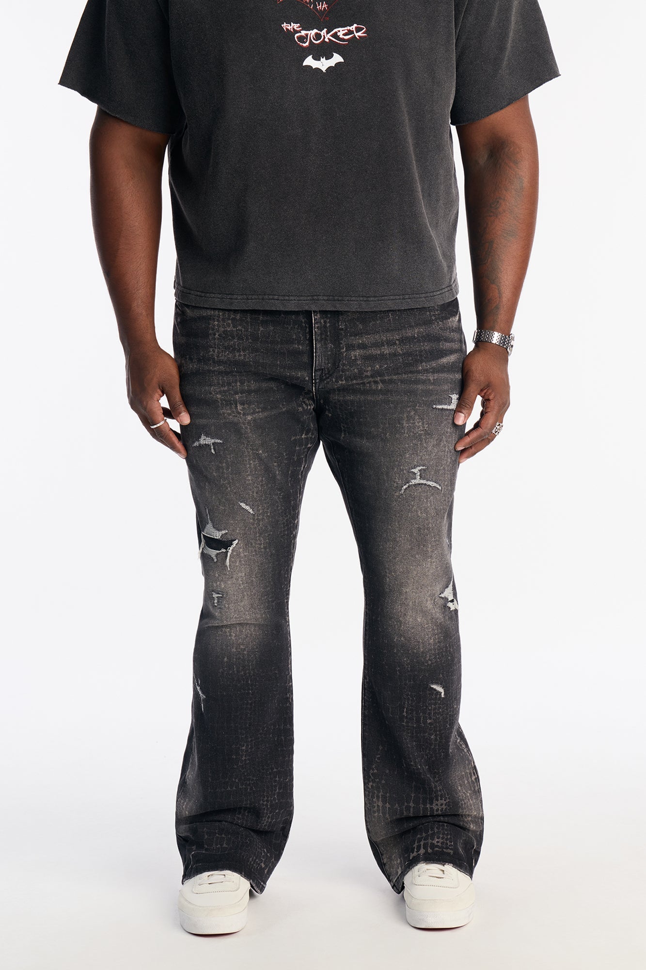 Stacked Skinny Flare Bleach Croc Jean - Black Wash