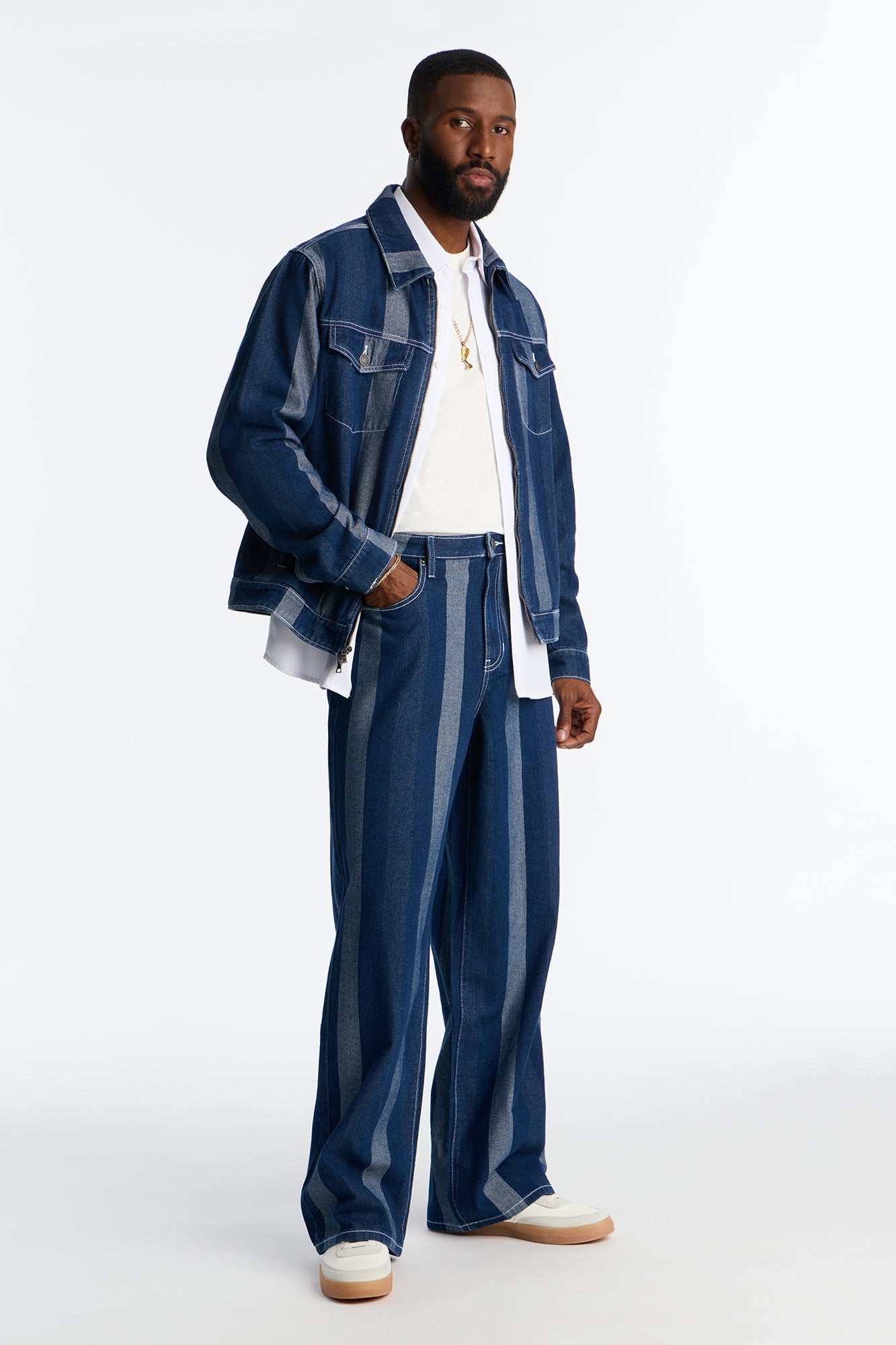 Wide Leg Two Tone Stripe Jean - Dark Wash
