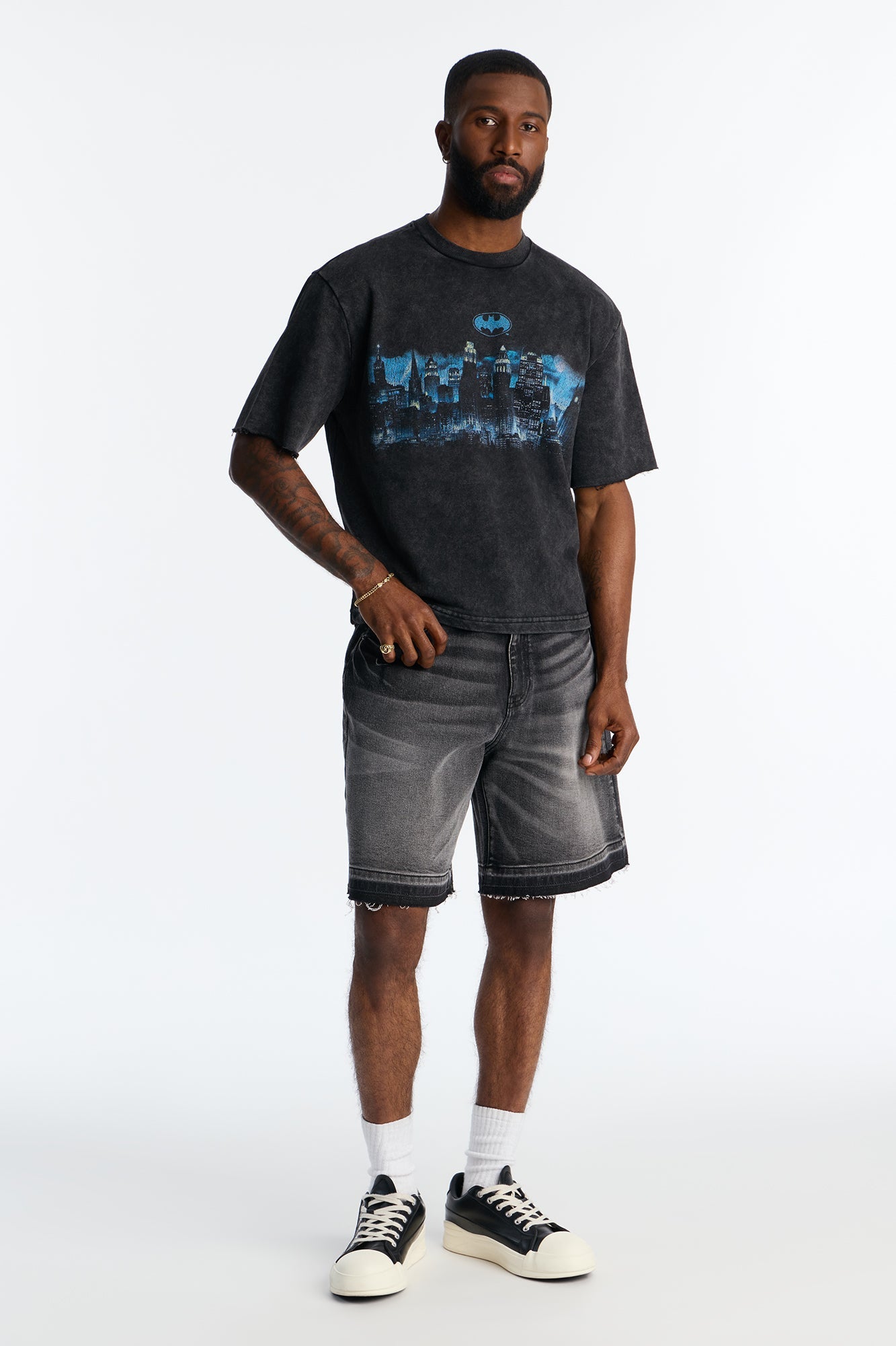 Oversized Batman Over Gotham Short Sleeve Fleece Tee - Black Wash