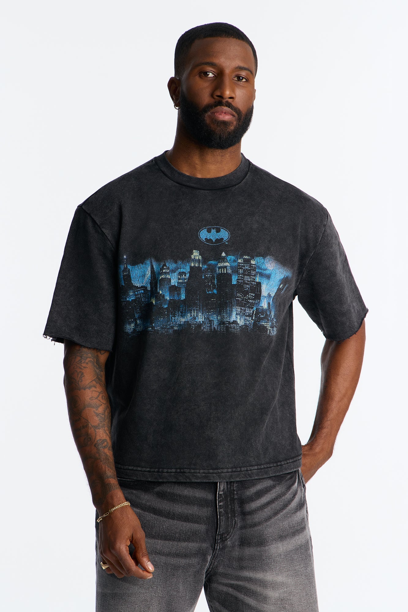 Oversized Batman Over Gotham Short Sleeve Fleece Tee - Black Wash