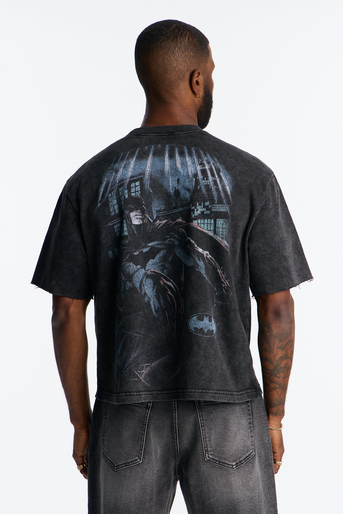 Oversized Batman Over Gotham Short Sleeve Fleece Tee - Black Wash