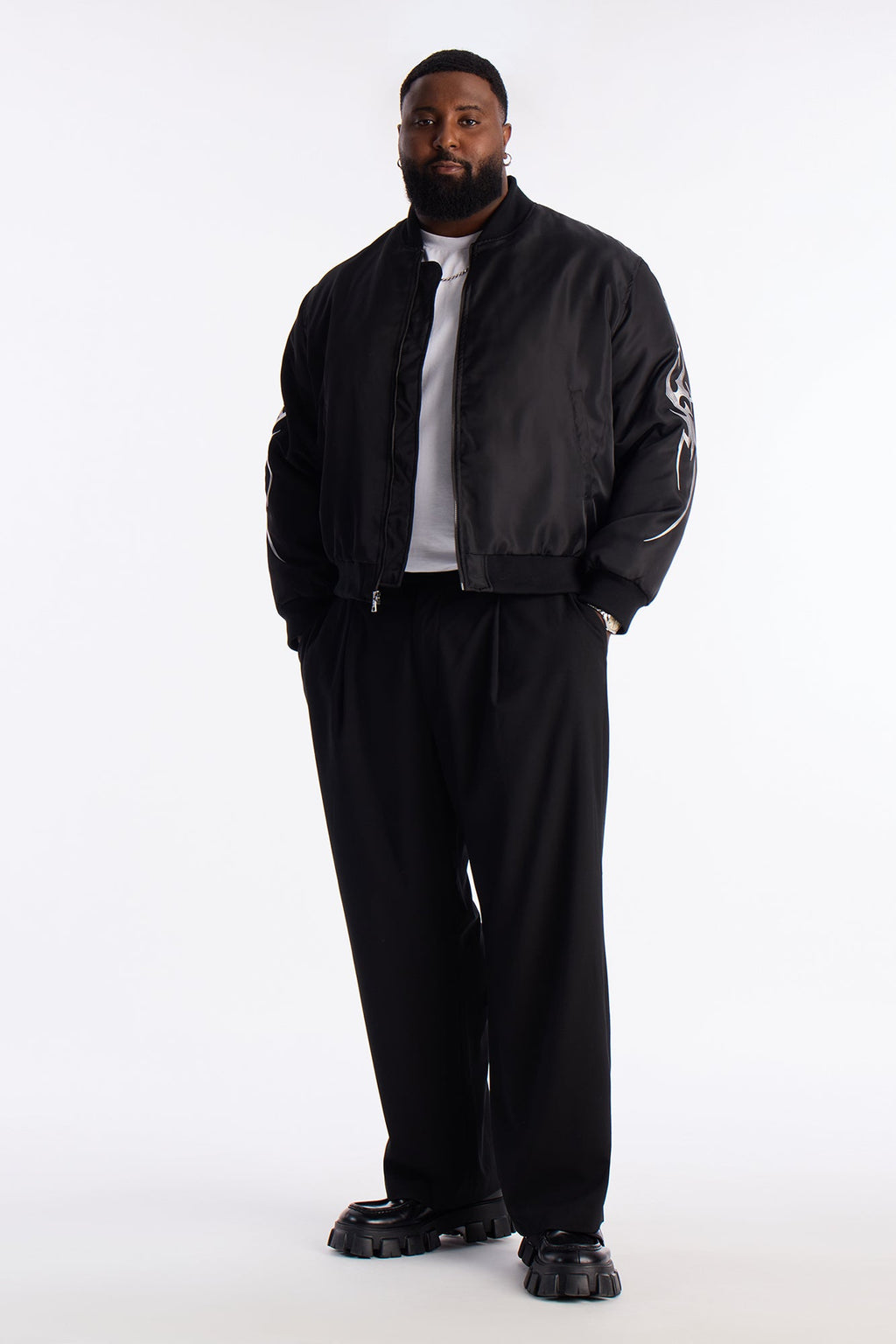 Relaxed Classic Embroidered Bomber Jacket - Black