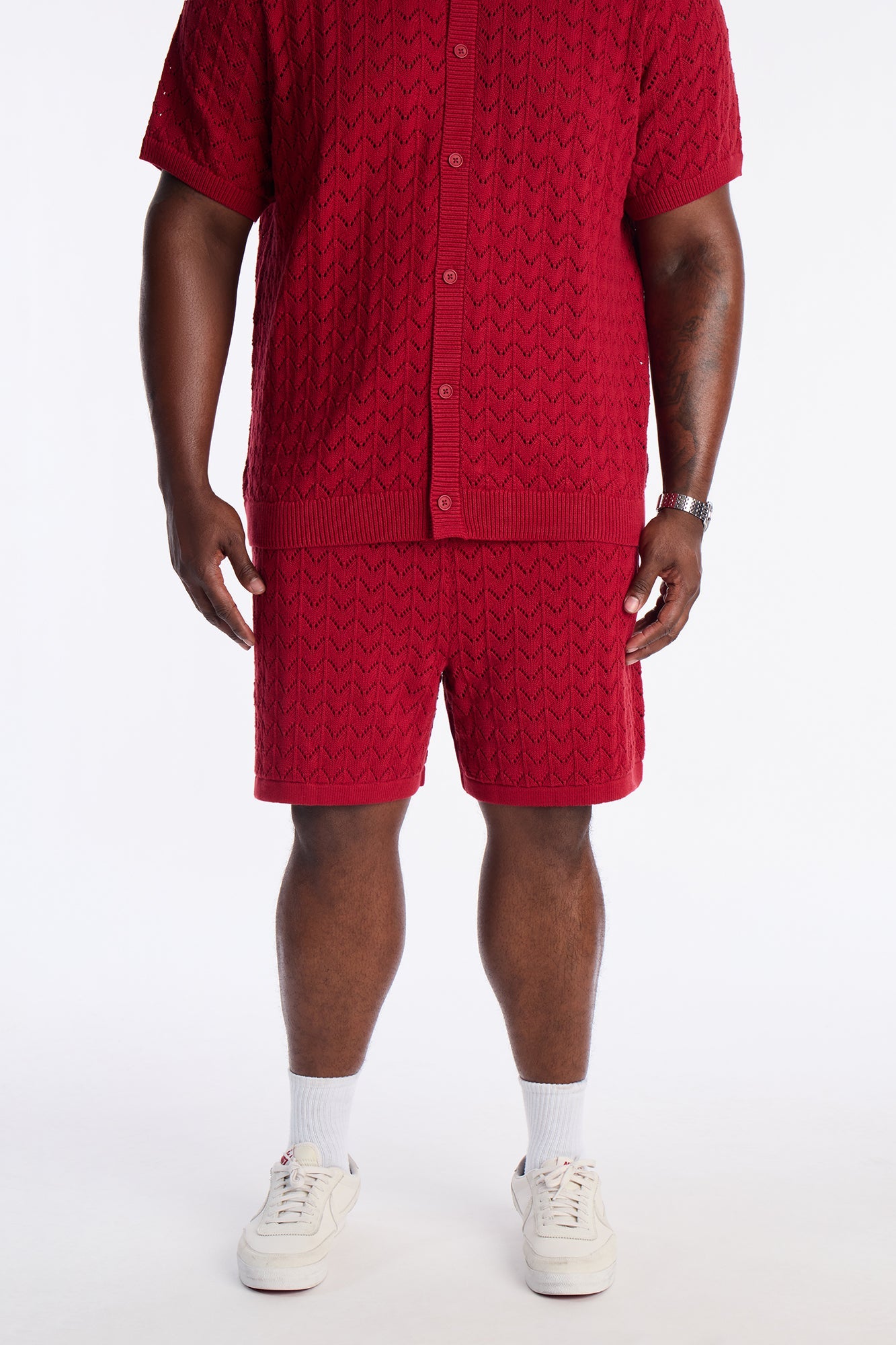 Waterfall Texture Open Knit Shorts - Burgundy