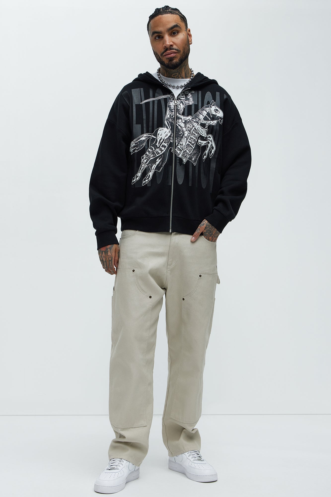 Tyson Crusader Printed Oversized Zip Hoodie - Black