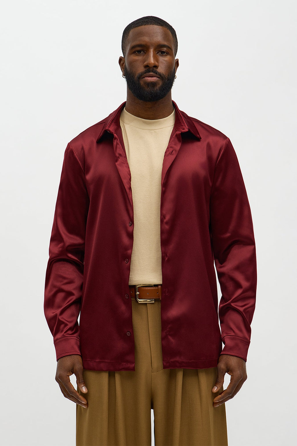 Links Satin Long Sleeve Button Up Shirt - Burgundy