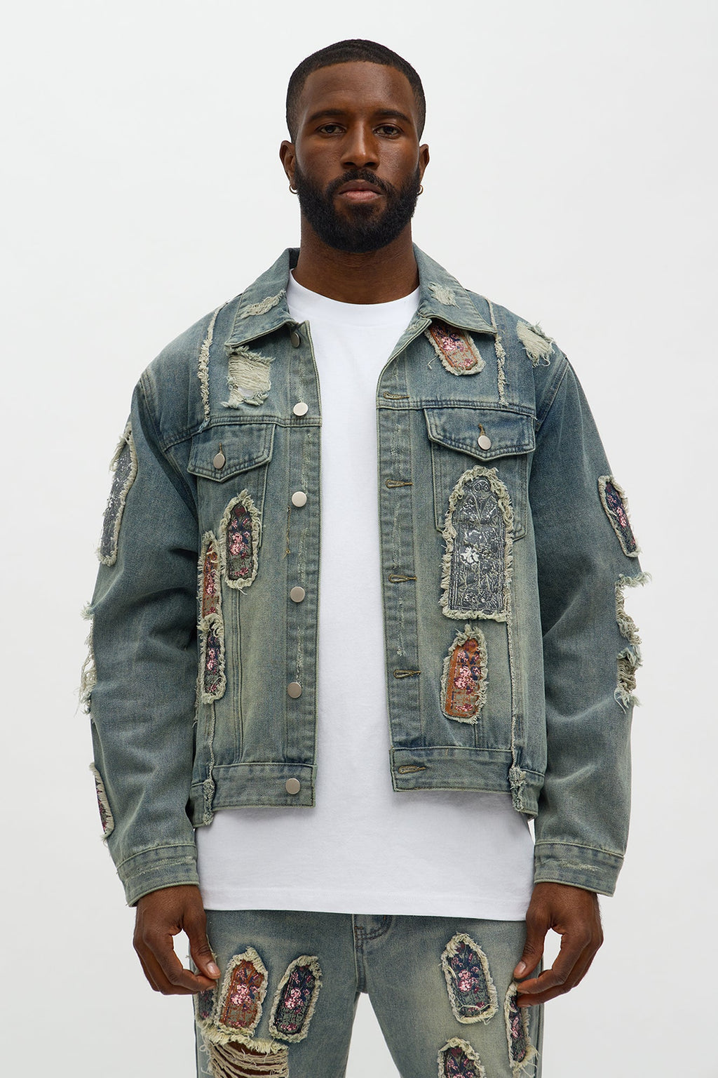 Holy Windows Patched Distressed Denim Trucker Jacket - Vintage Blue Wash