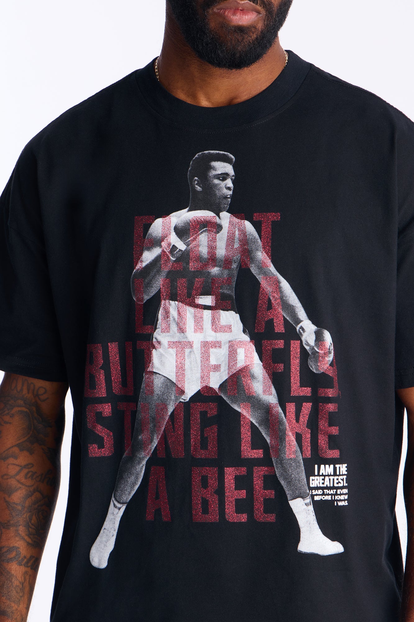 Boxy Muhammad Ali Glitter Printed Short Sleeve Tee - Black