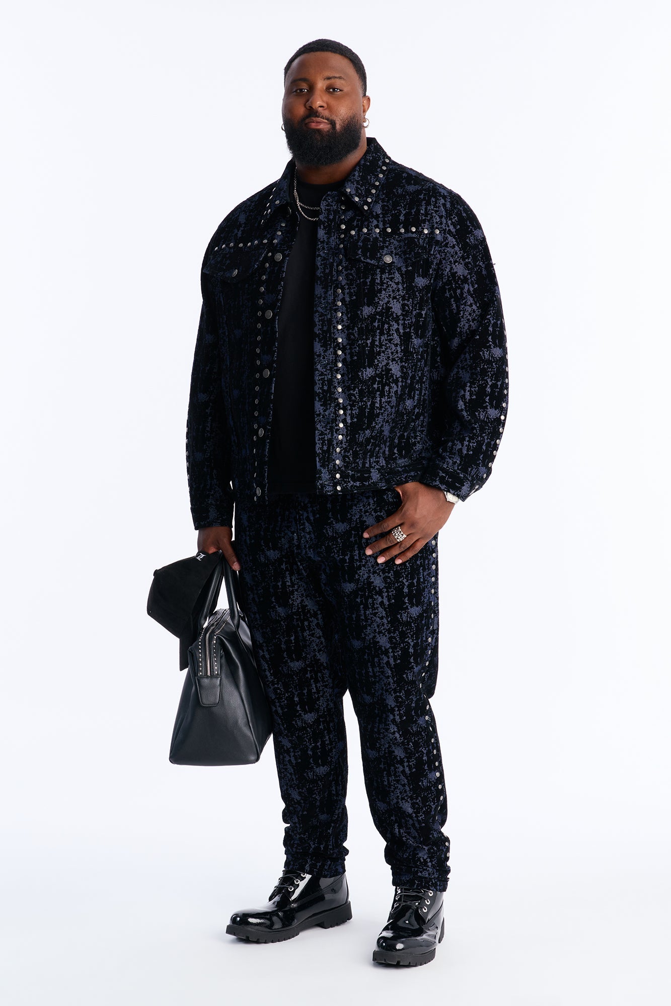 Social Stud Flocked Denim Trucker Jacket - Indigo