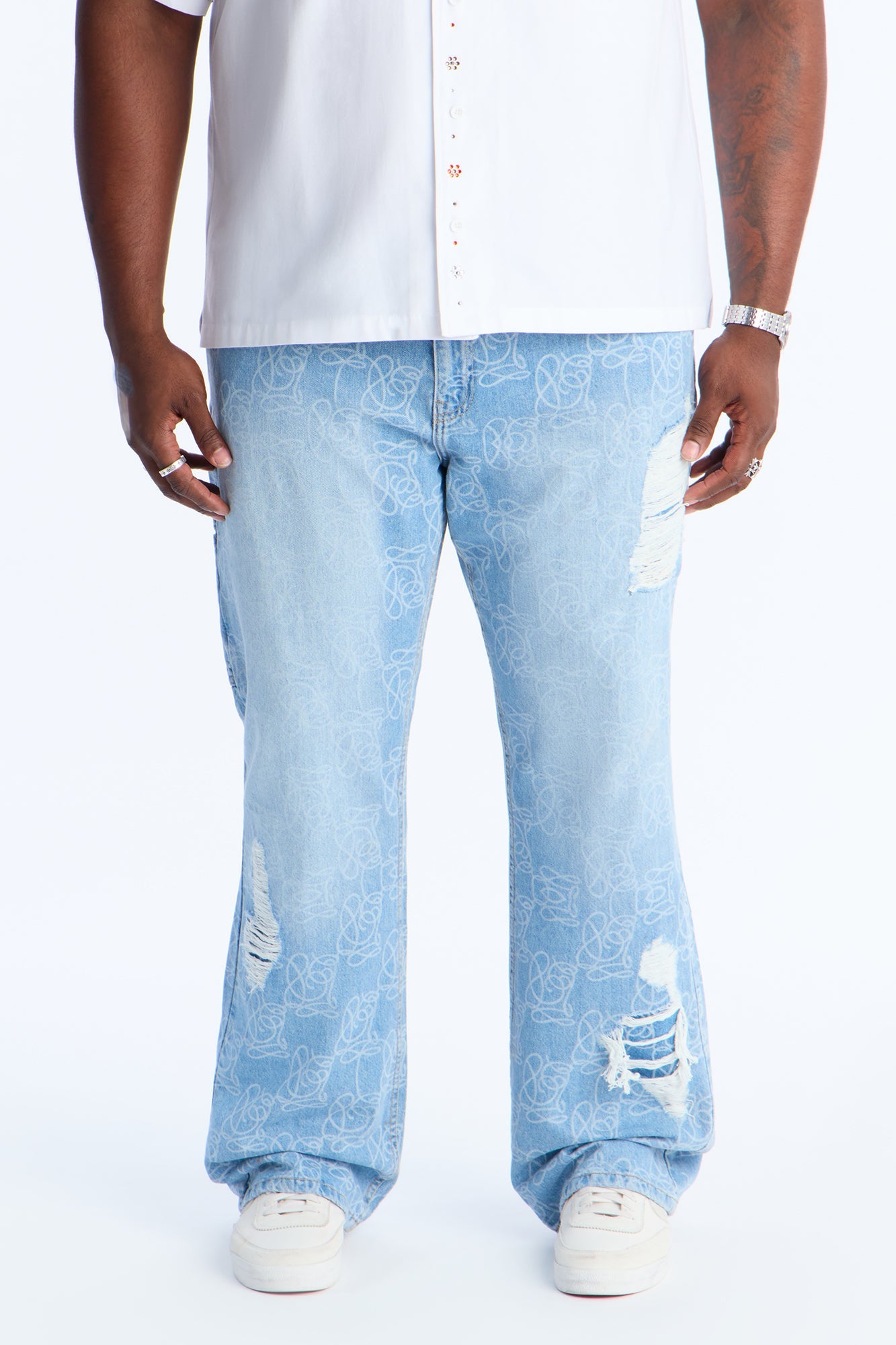 Stacked Slim Flare Slide Thru Distressed Jean - Medium Blue Wash