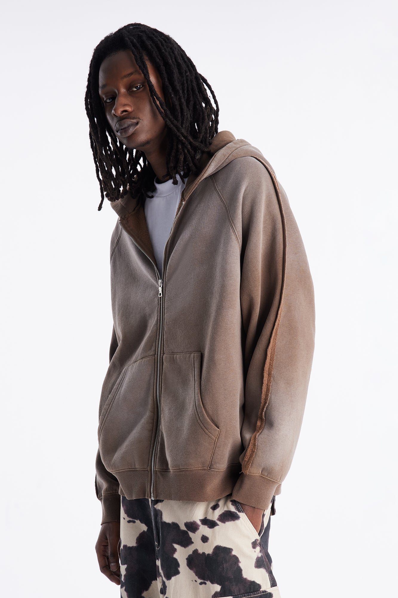 Extra Raw Faded Distressed Zip Up Hoodie - Brown