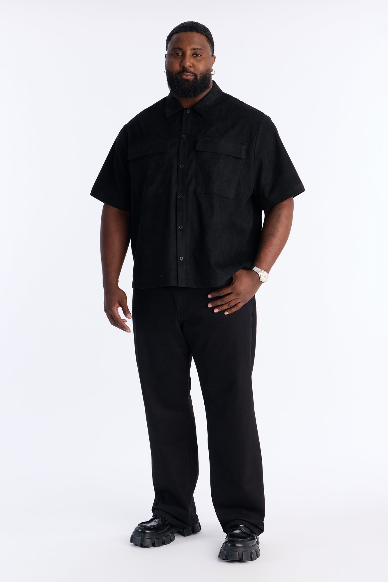 Relaxed Brushed Double Pocket Button Up Shirt - Black