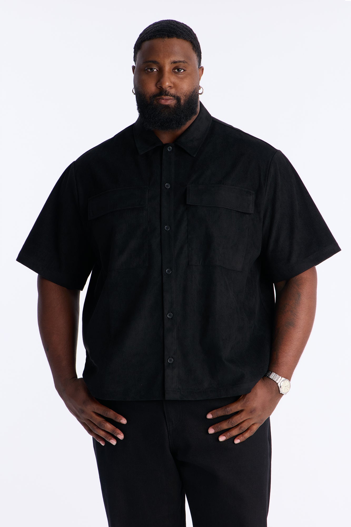 Relaxed Brushed Double Pocket Button Up Shirt - Black
