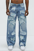 Worn All Over Distressed Baggy Jeans - Light Wash