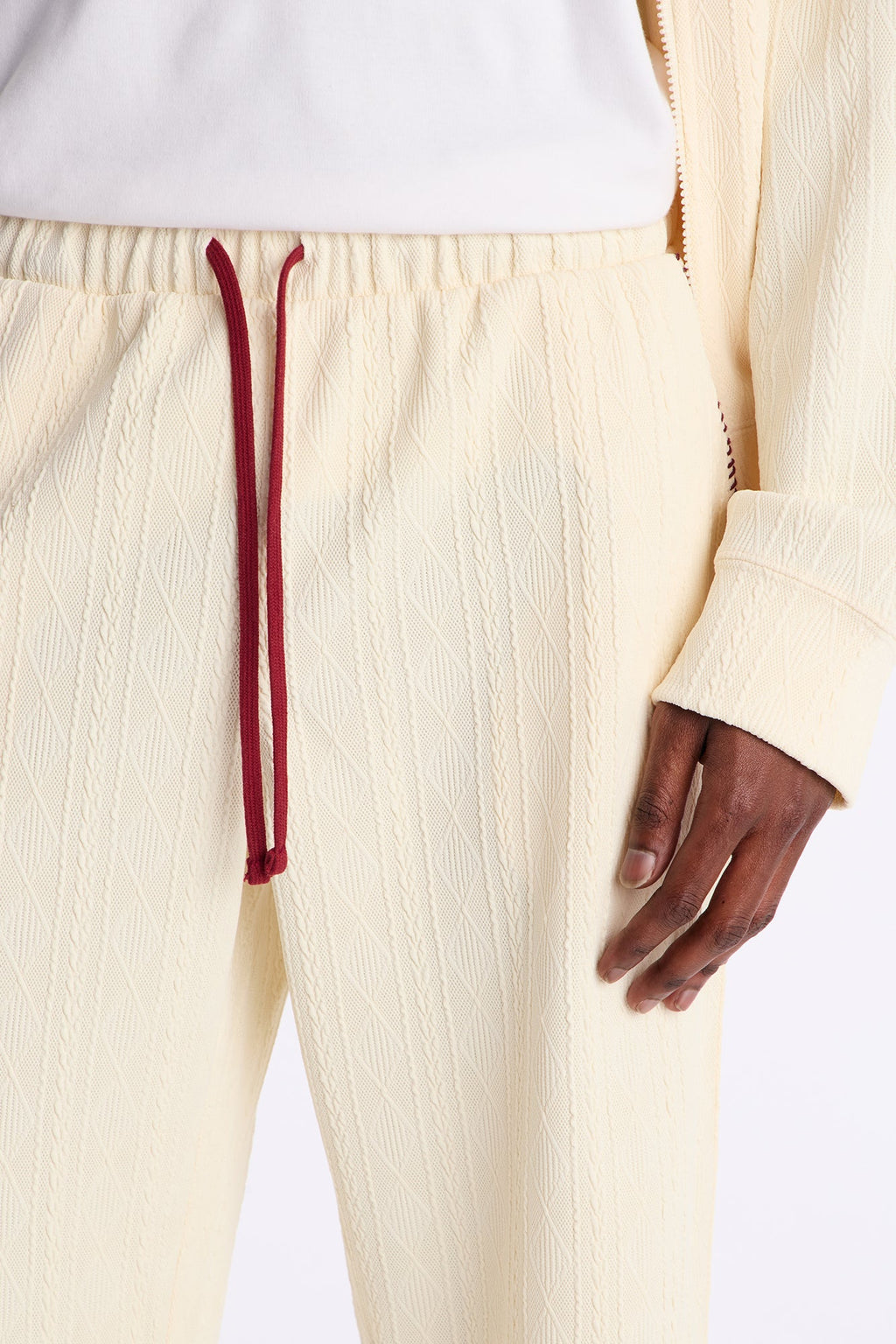 Straight Cable Knit Textured Stitched Pant - Cream