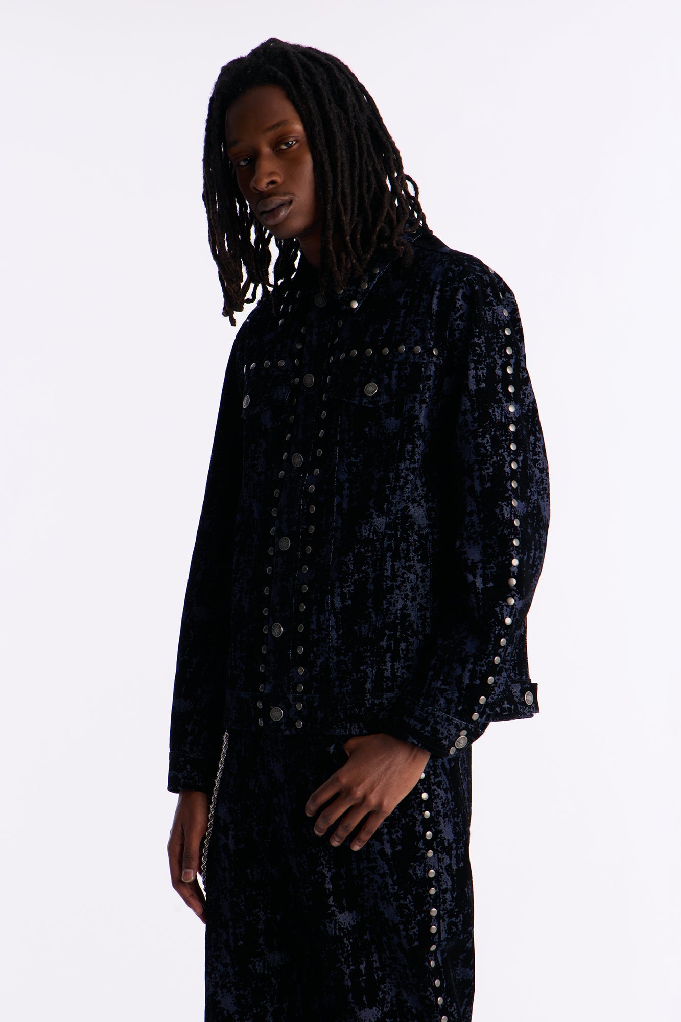 Social Stud Flocked Denim Trucker Jacket - Indigo