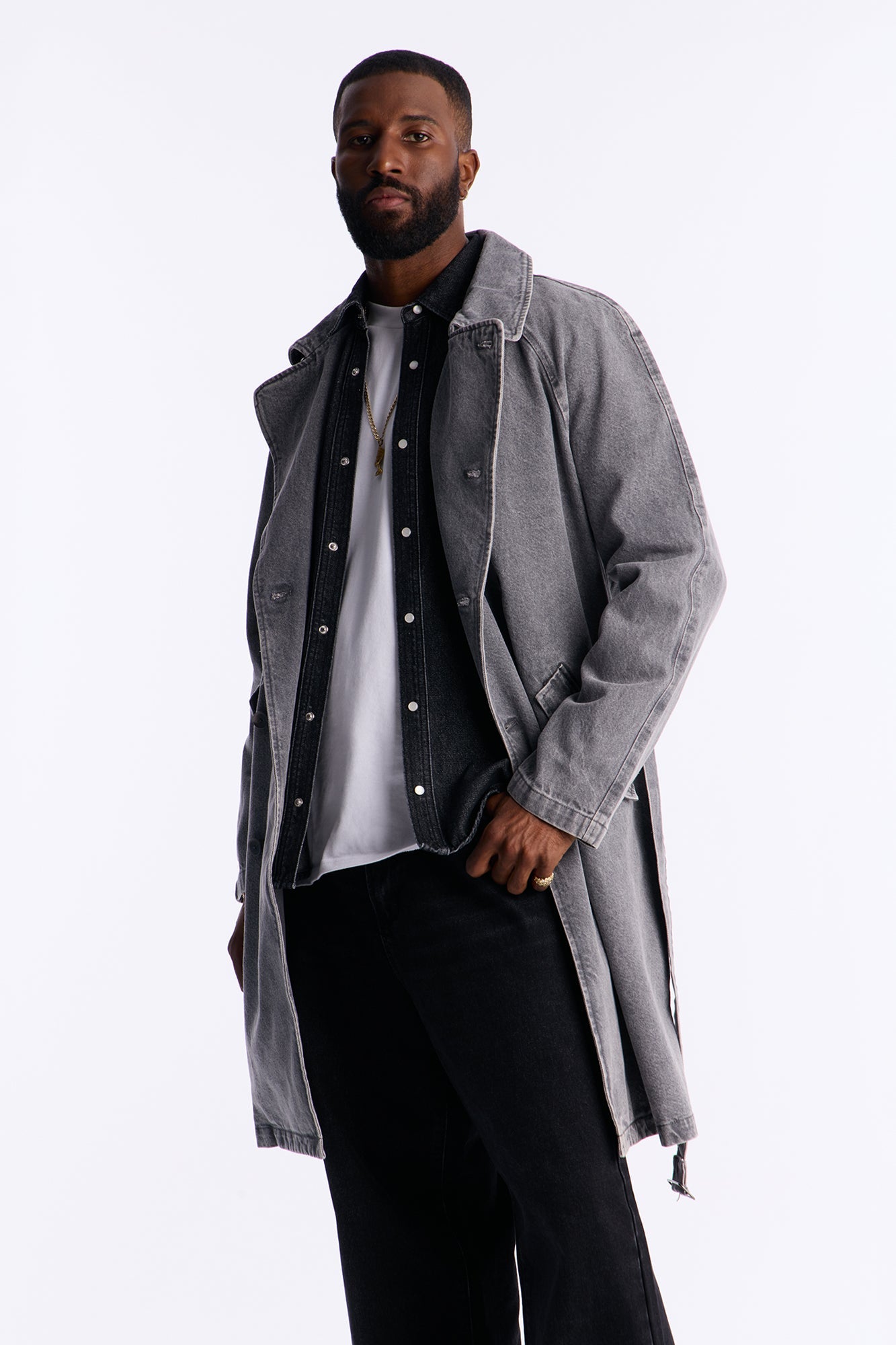 Finesse Double Breasted Denim Trench Coat - Grey