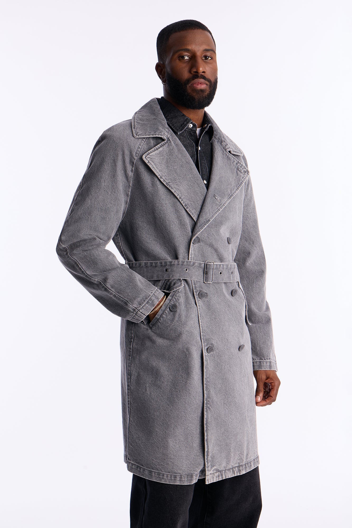 Finesse Double Breasted Denim Trench Coat - Grey