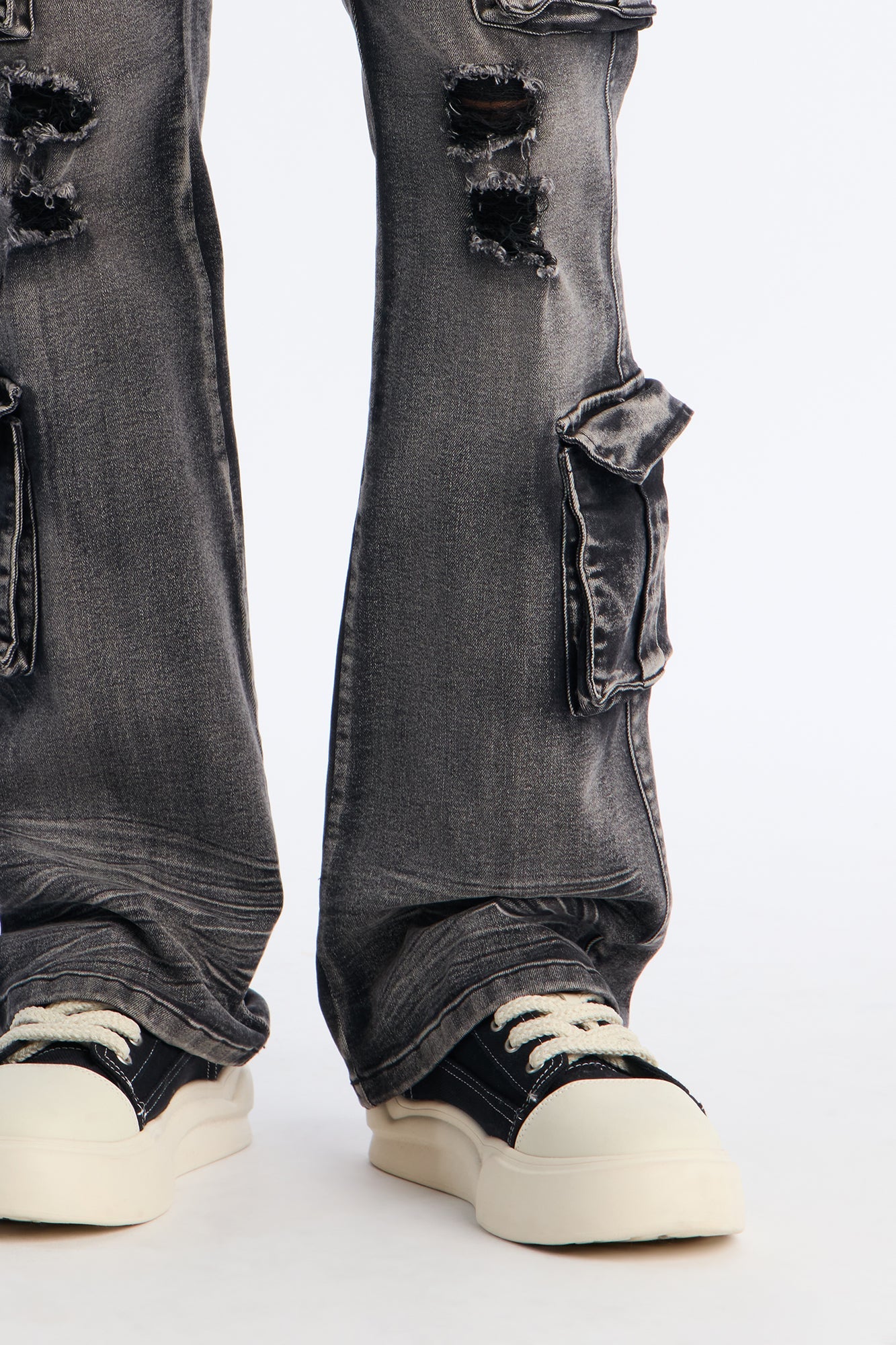 Stacked Skinny Flare Combat Cargo Jean - Black Wash