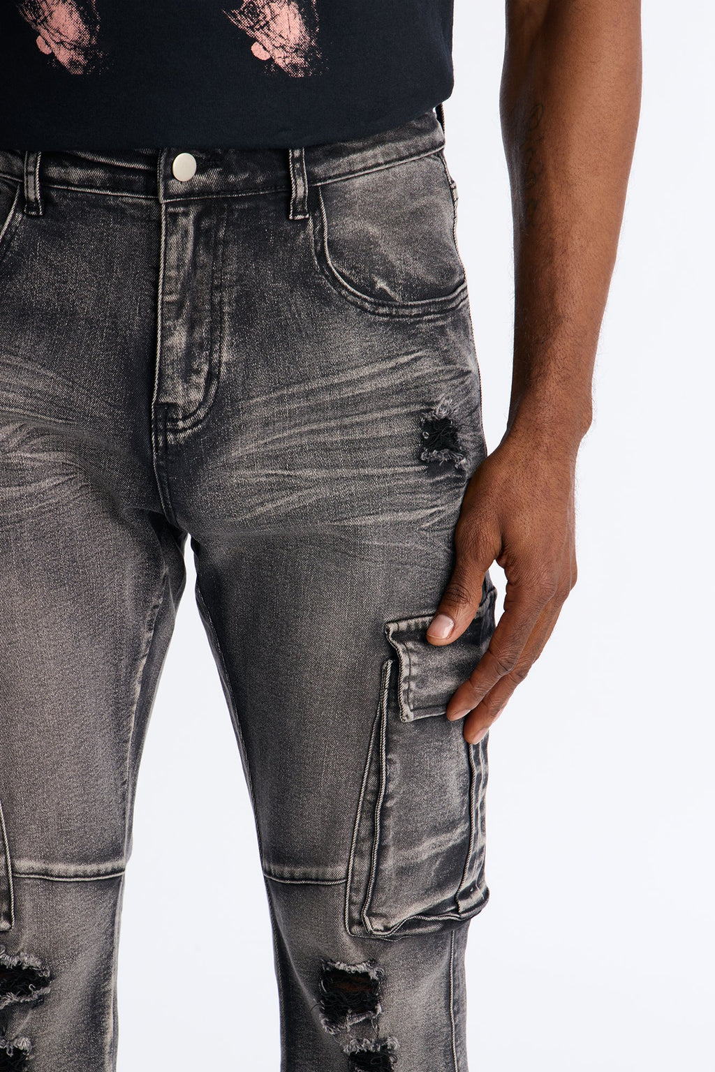 Stacked Skinny Flare Combat Cargo Jean - Black Wash