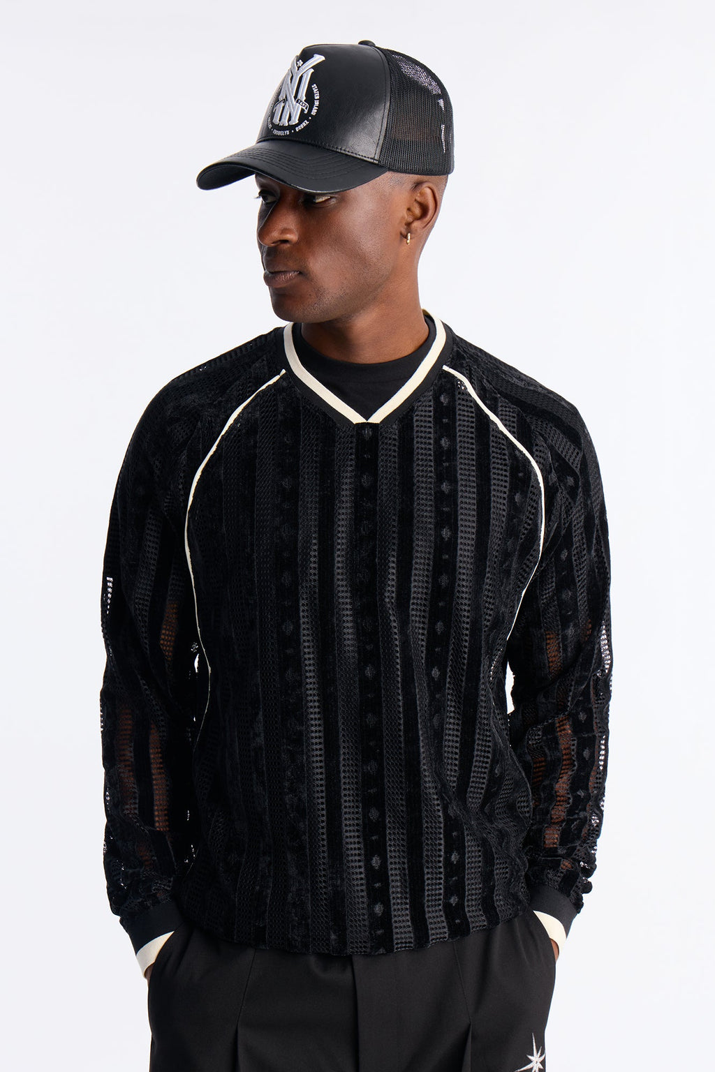 Luxe Grid Paneled V Neck Shirt - Black
