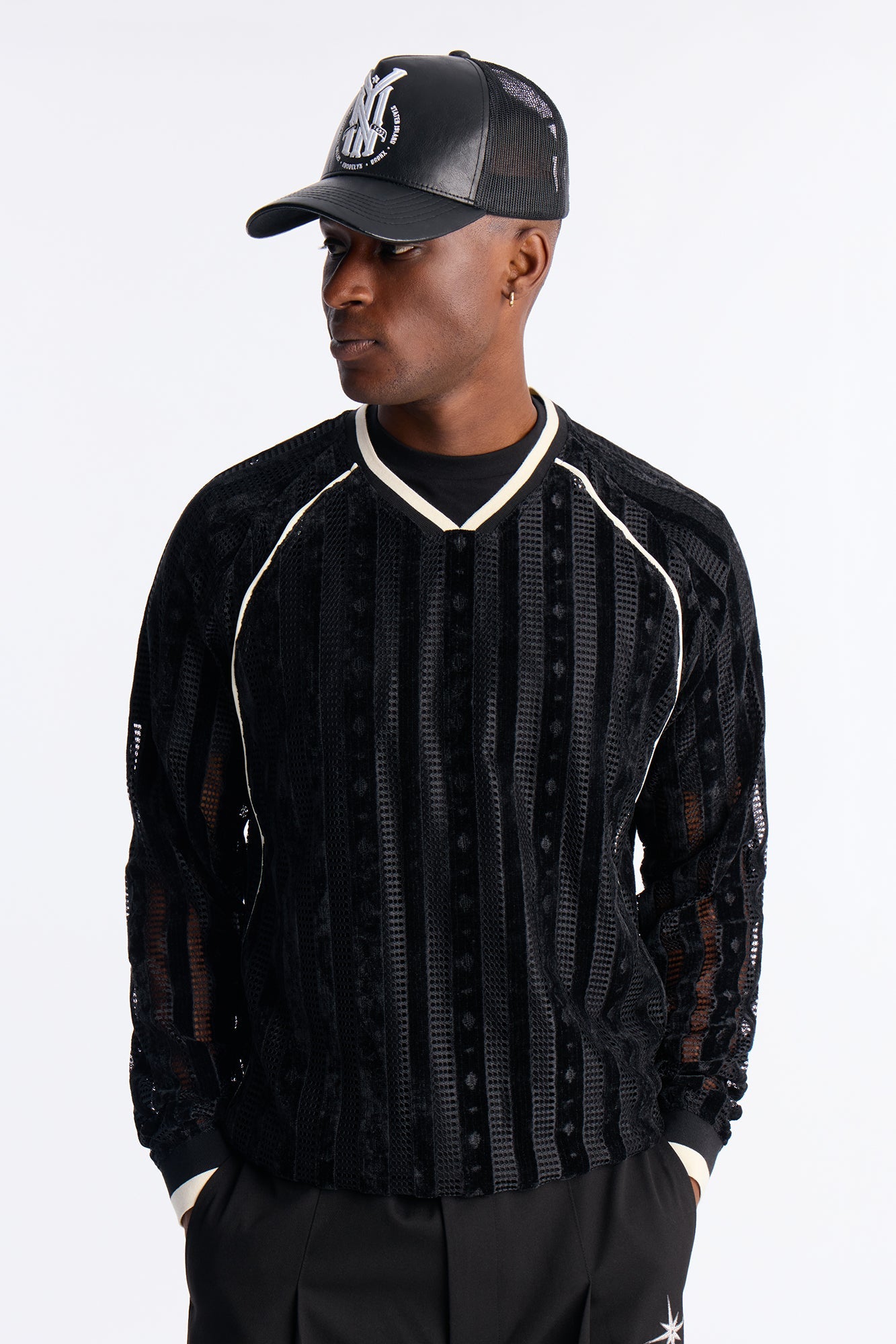 Luxe Grid Paneled V Neck Shirt - Black