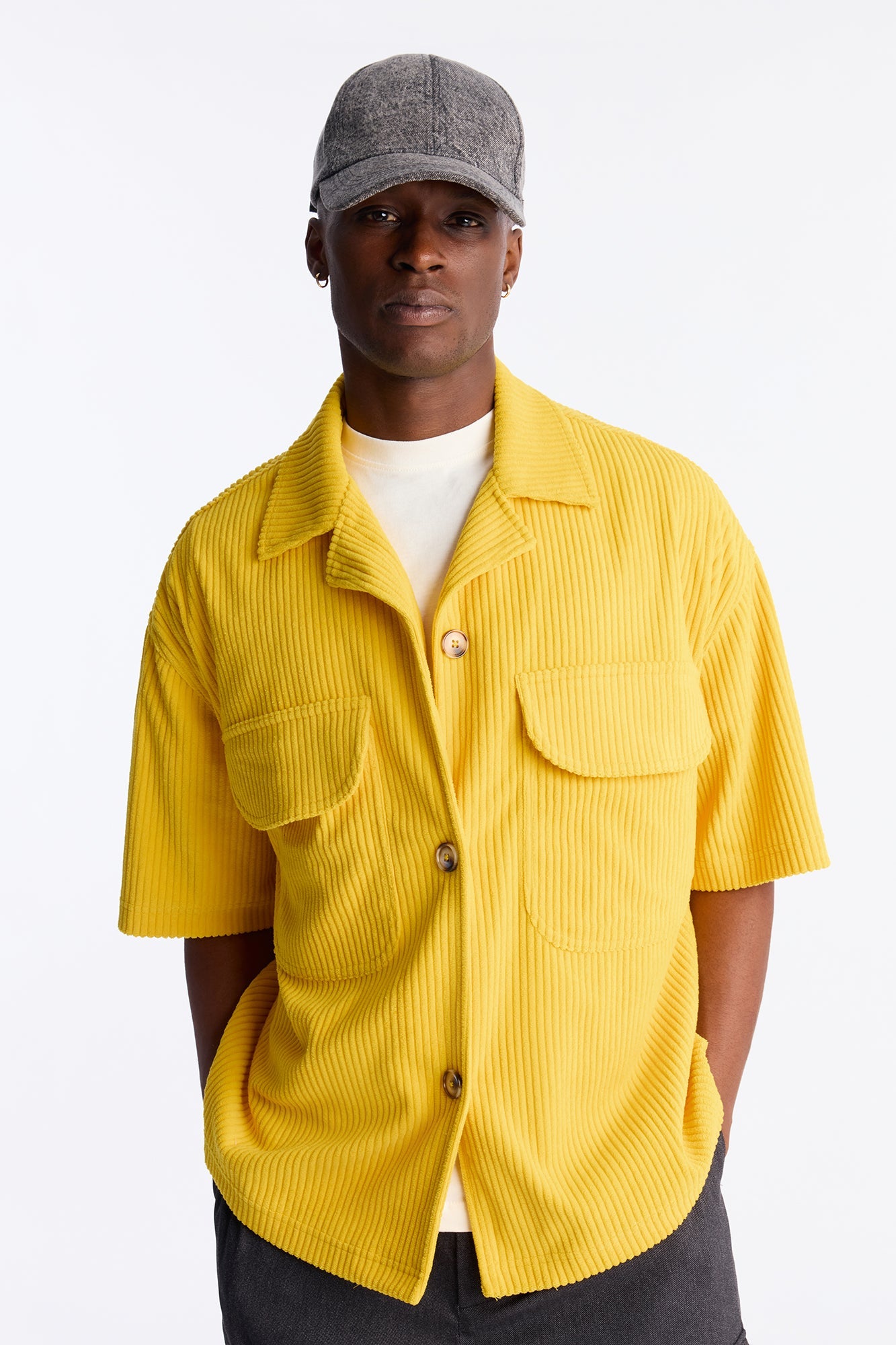 Ultra Oversized Corduroy Button Up Shirt - Yellow