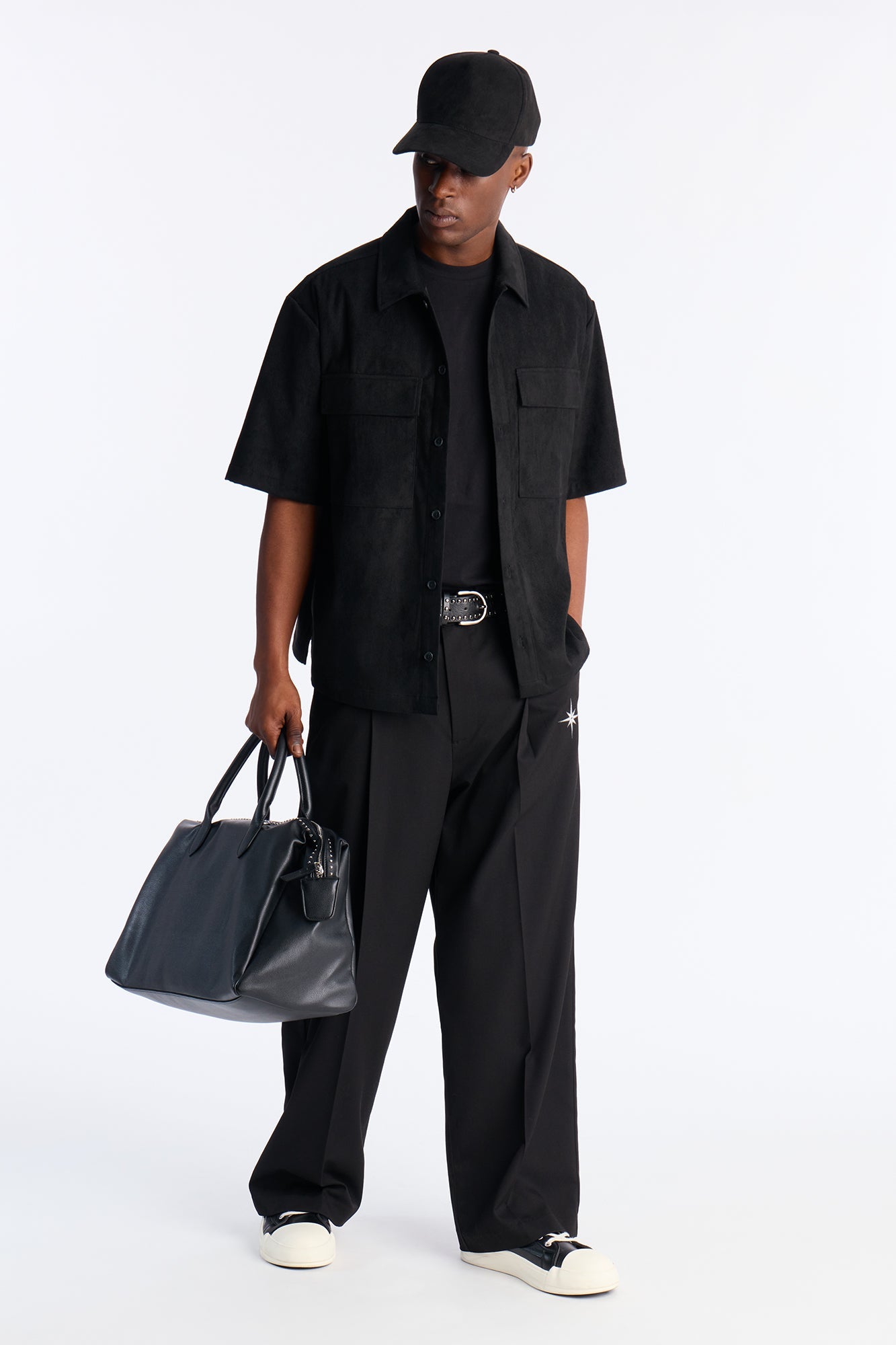 Relaxed Brushed Double Pocket Button Up Shirt - Black
