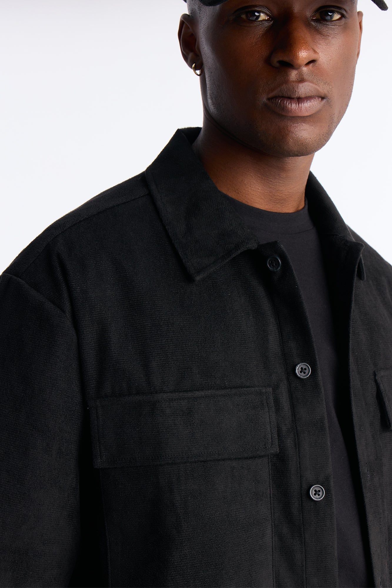 Relaxed Brushed Double Pocket Button Up Shirt - Black