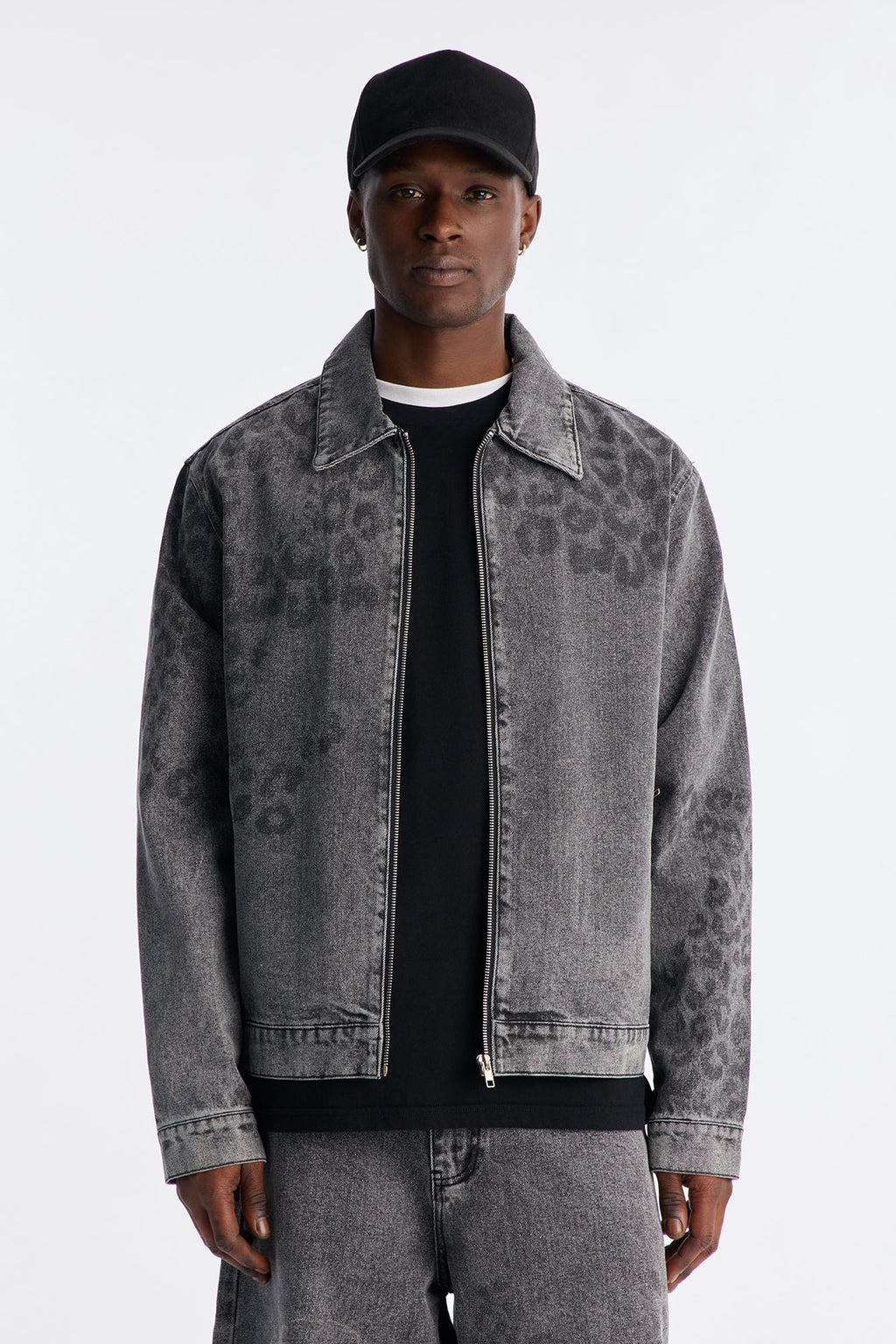 Night Fall Leopard Denim Jacket - Black Wash