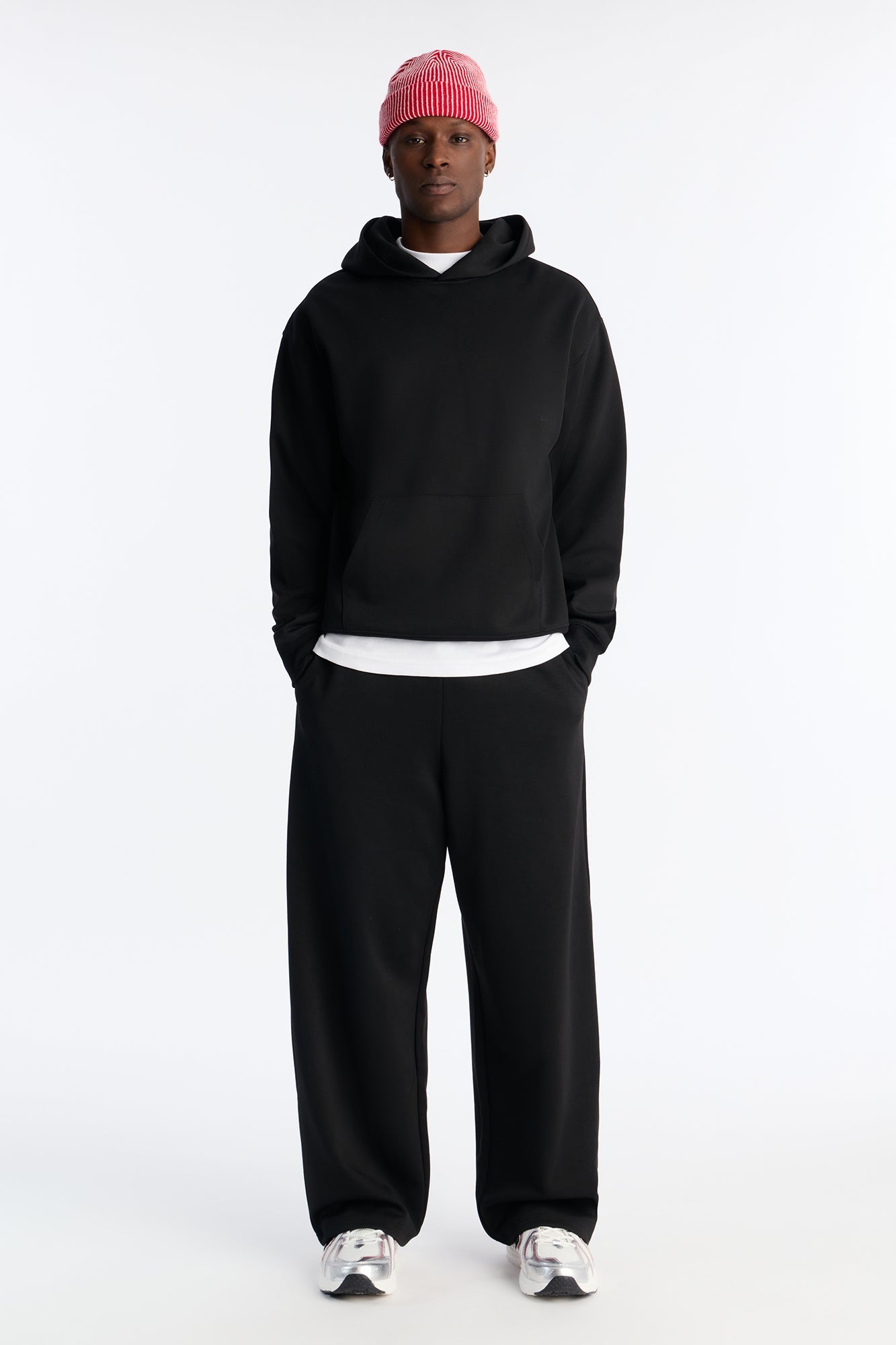 Structured Fleece Wide Leg Sweatpants - Black