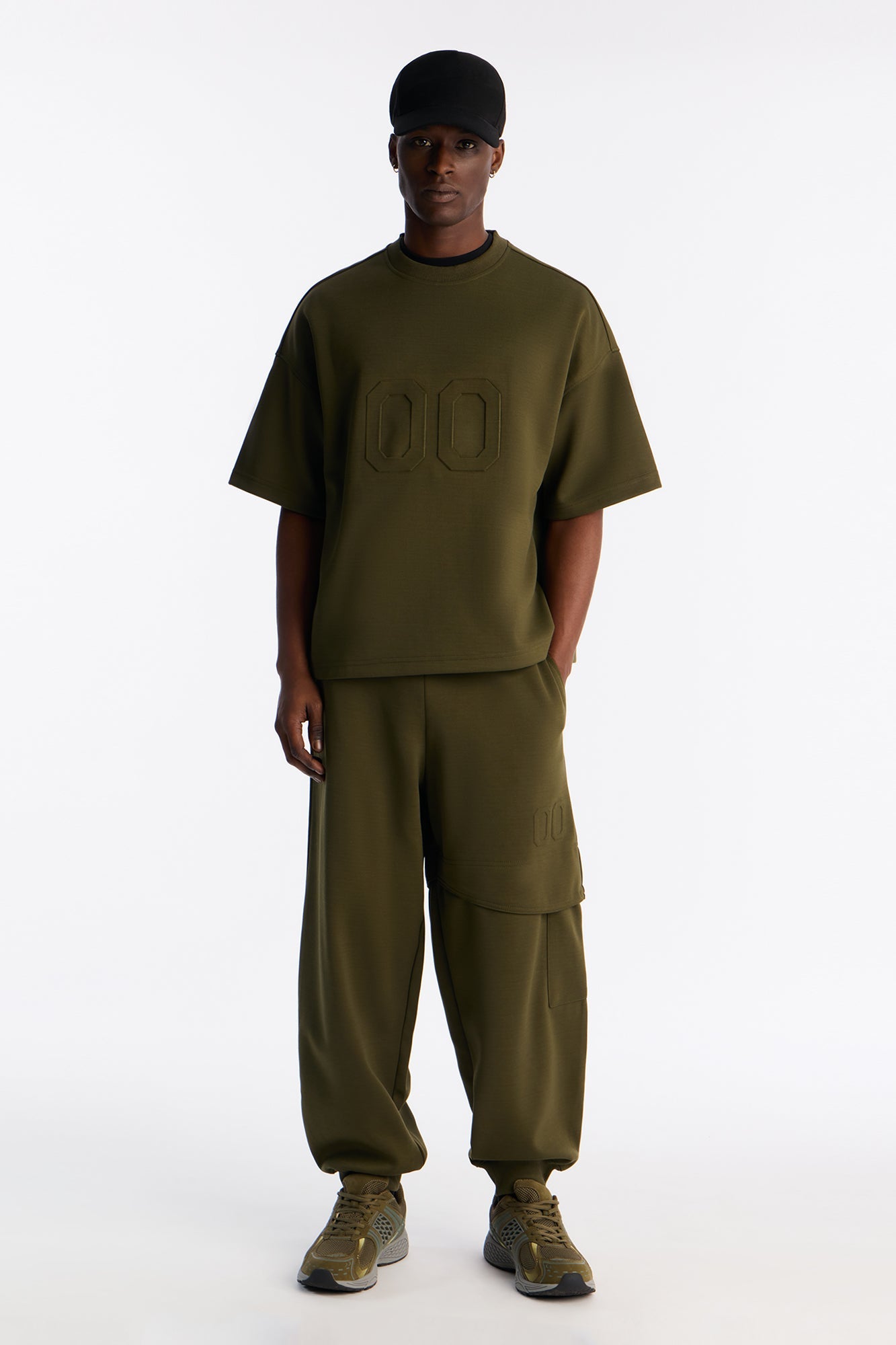 Structured Fleece Embossed Number Tee - Olive