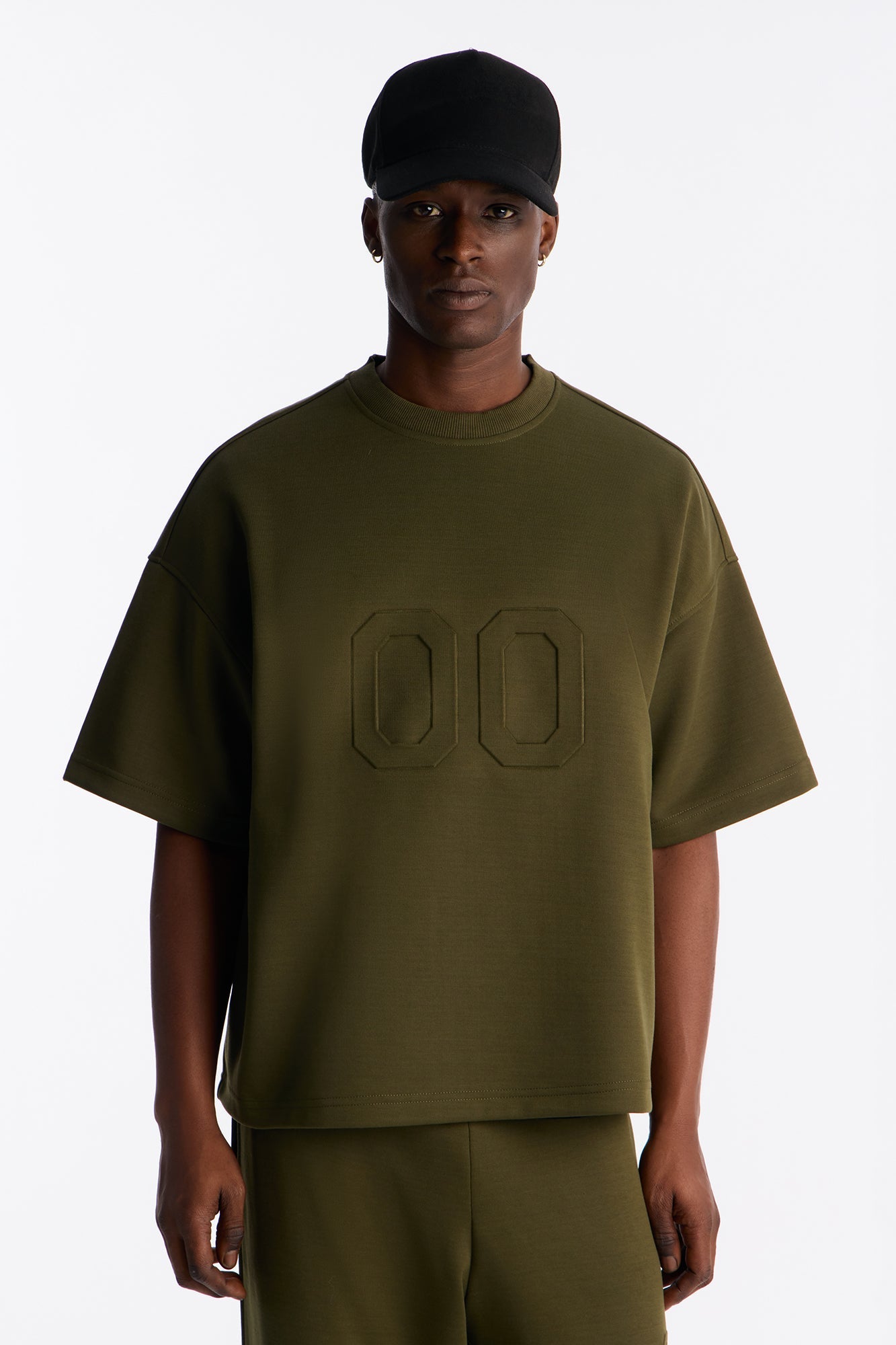 Structured Fleece Embossed Number Tee - Olive