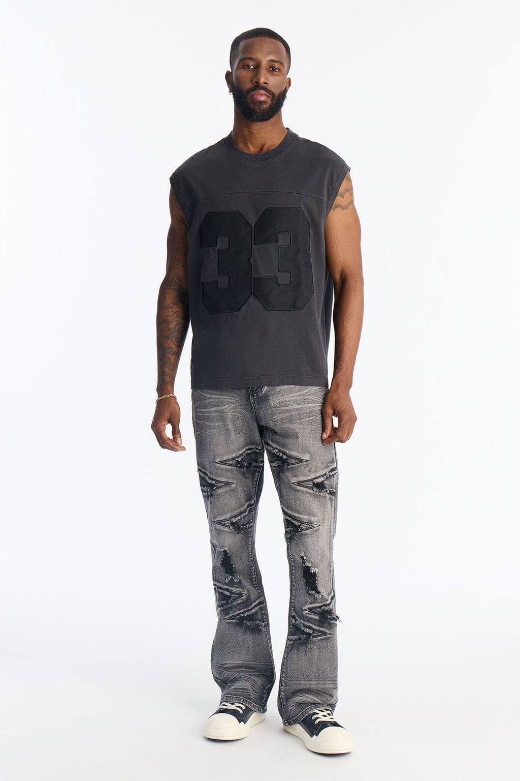 Stacked Skinny Flare Triangle Fray Jeans - Black Wash