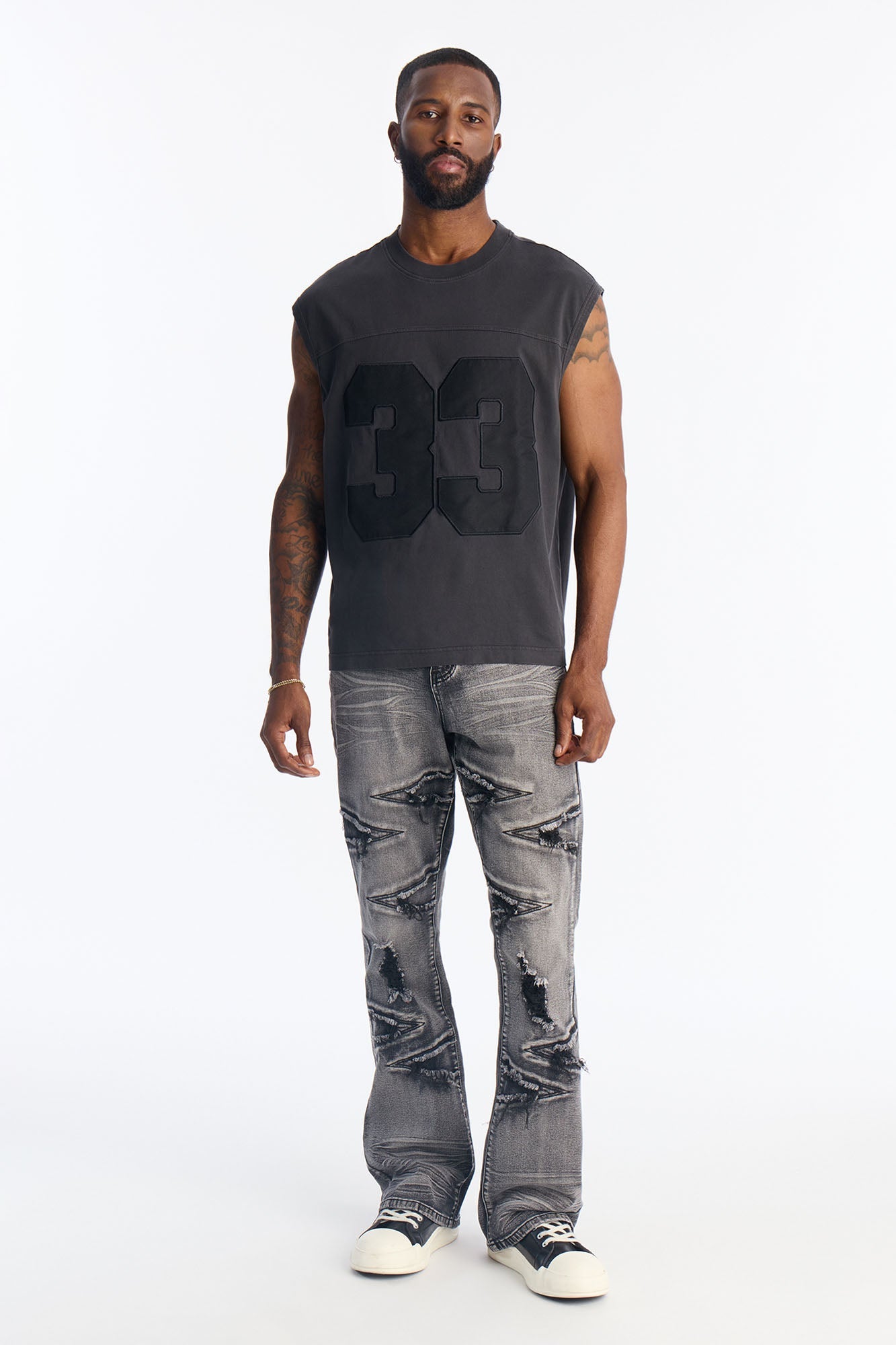 Stacked Skinny Flare Triangle Fray Jeans - Black Wash