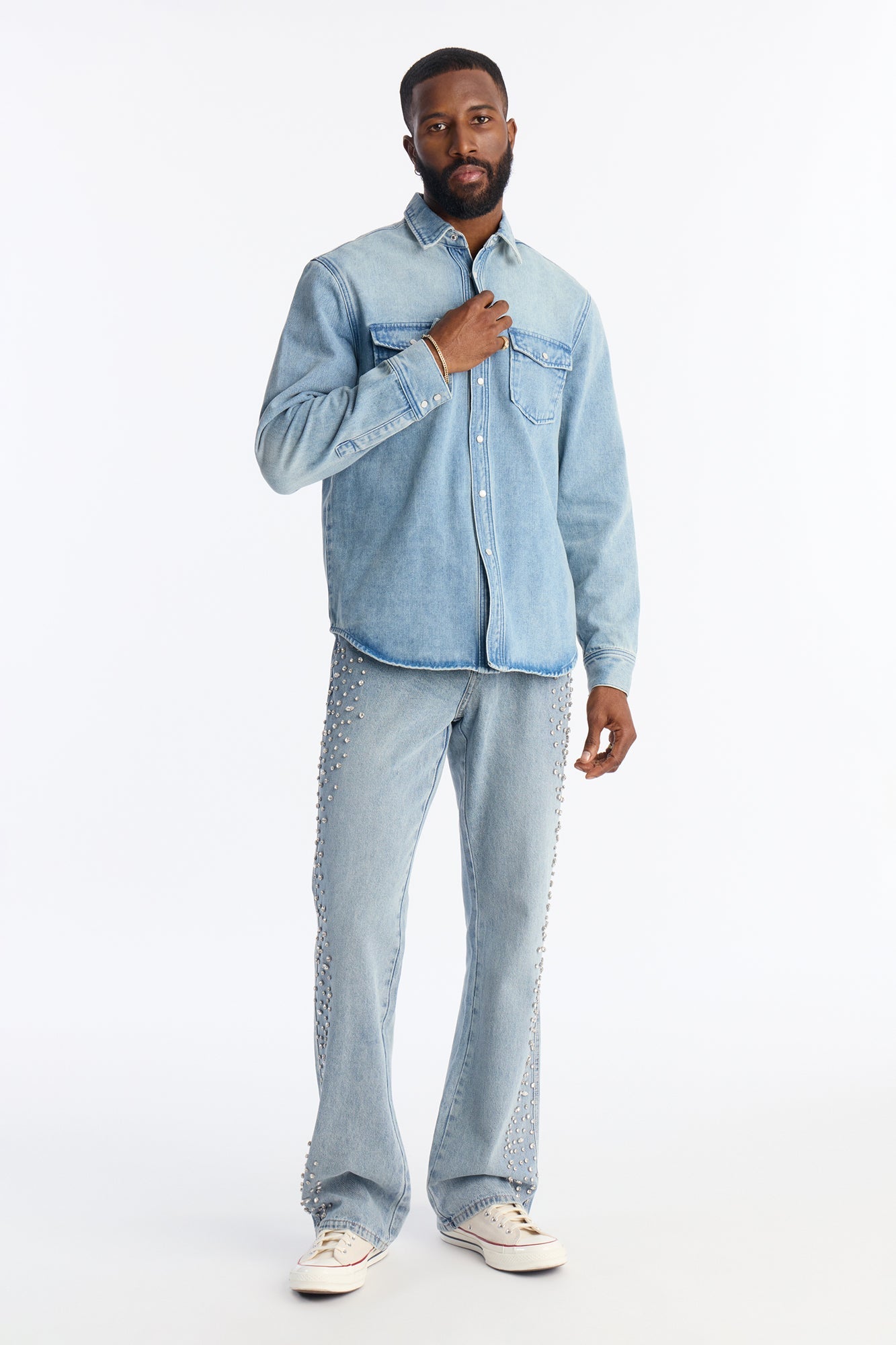 Stacked Slim Flare Another Level Jeweled Jean - Medium Blue Wash