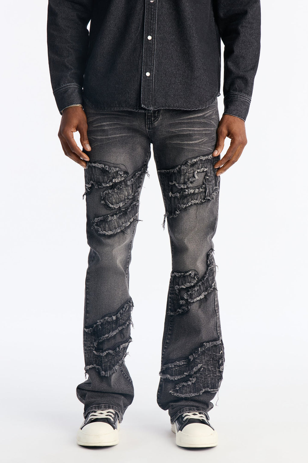 Stacked Slim Flare Fray Waves Jeans - Black Wash