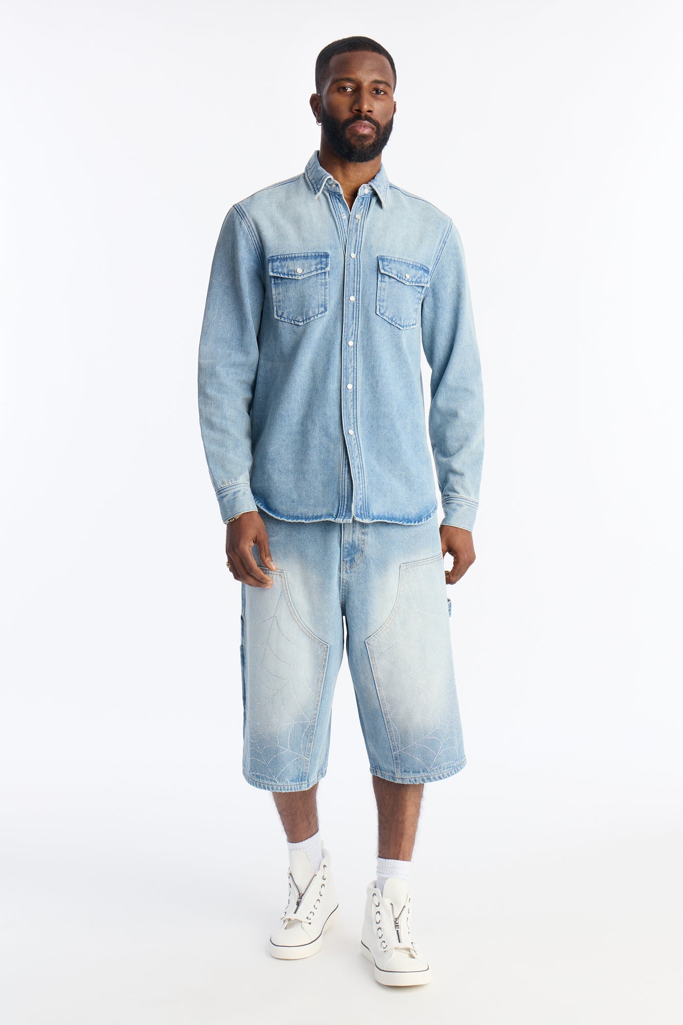 Baggy Jeweled Web Carpenter Denim Short - Light Wash