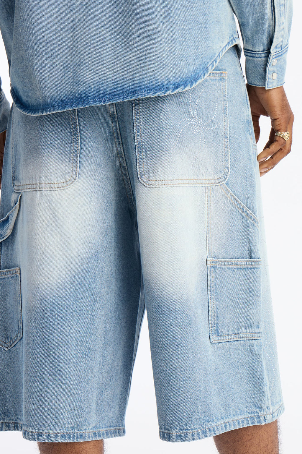Baggy Jeweled Web Carpenter Denim Short - Light Wash