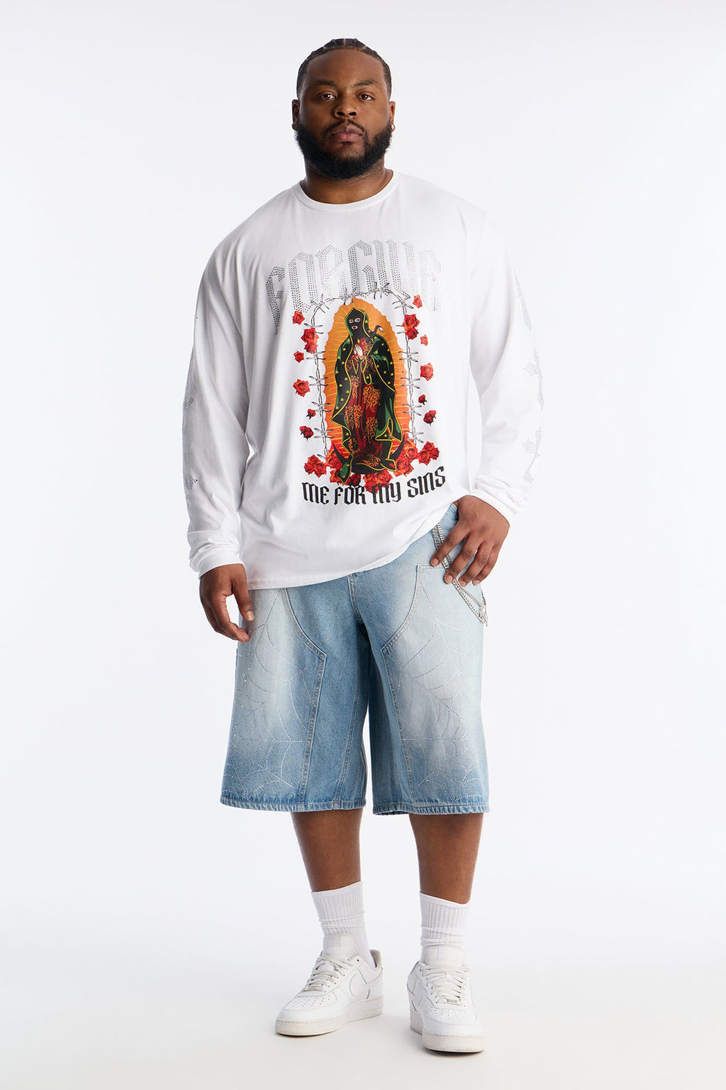Baggy Jeweled Web Carpenter Denim Short - Light Wash